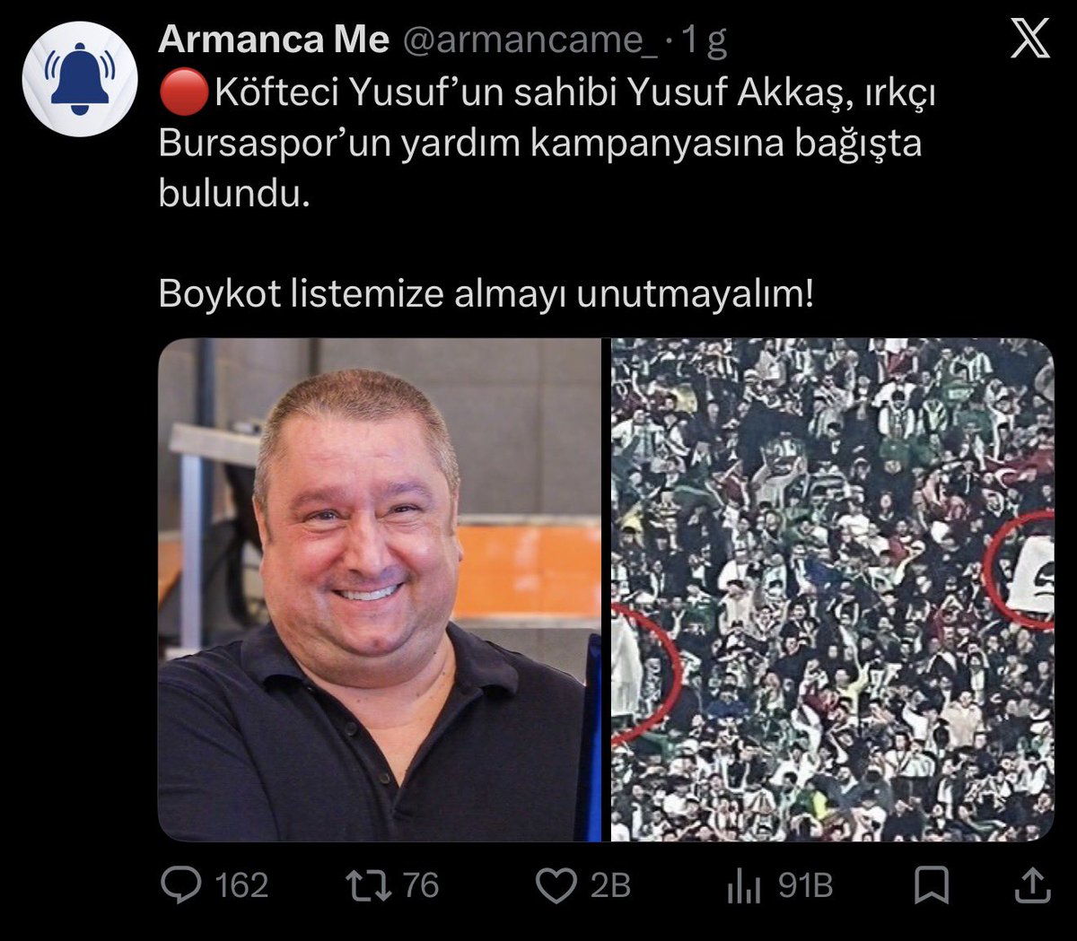 xxsa2233's tweet photo. @armancame_ @mmaydin61 Bursaspor ırkçı mı? Vatanını sevmek ırkçılık olmuş he hewal https://t.co/c5ZArlxaEo