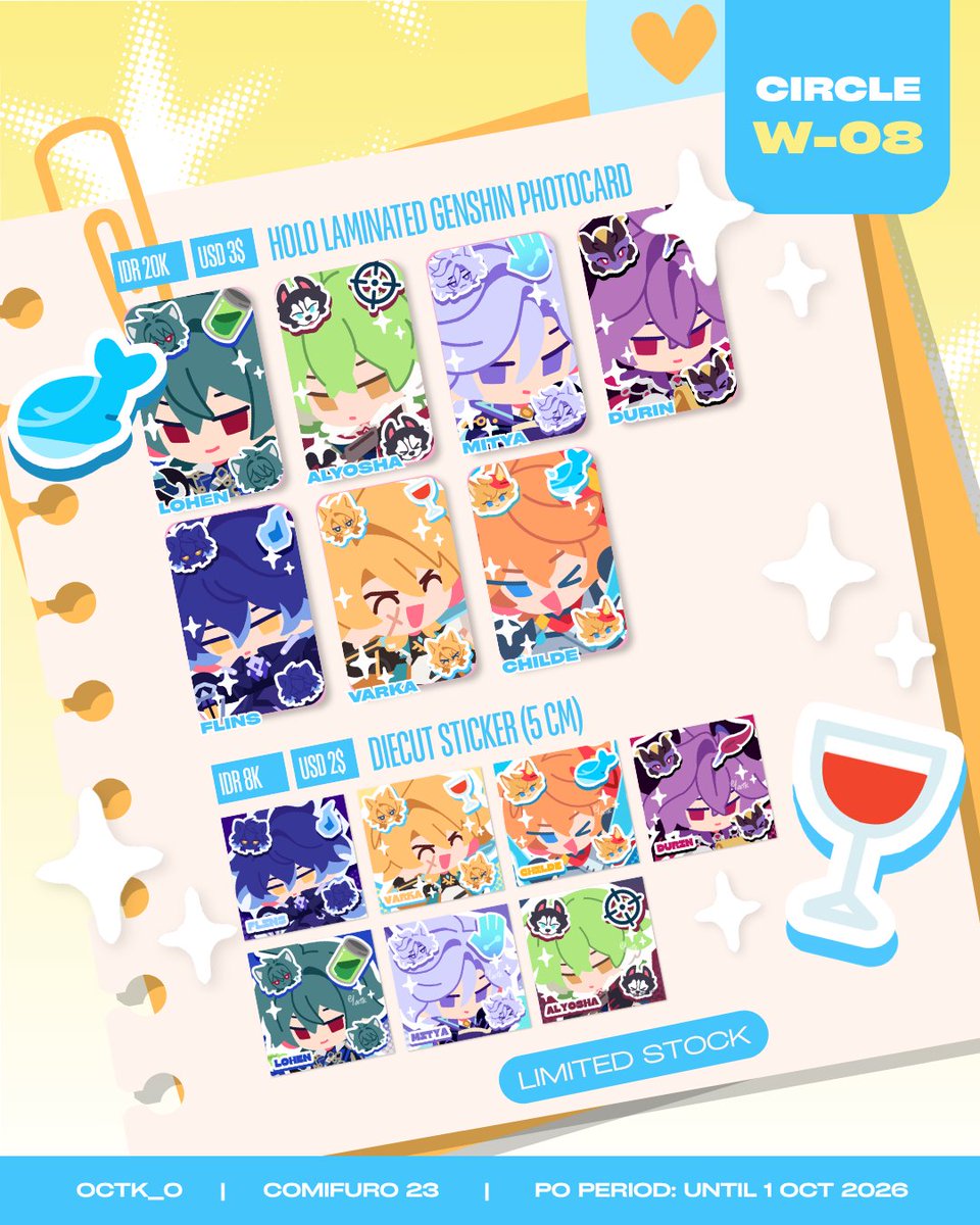 octk_o's tweet photo. [RT💕] 
₊˚⋆ My #CF23 Order is open! ₊˚⋆ 
📍Pickup & Mail Preorder: until 1 Oct (18.00 WIB) 
📍INTL: until 10 Oct 26 (23.59 WIB)  
📍Pickup both days (31 Oct - 1 Nov @ W-08) 
📍Genshin Impact, HSR, Alien Stage, LADS, Haikyuu!!, NijiEN  

Keyring is on PO discount with ‘OCTKYEAREND’ coupon! Some new additions are on the catalogue, please check em out! 
💫Pickup and Mail Local: https://t.co/yZ6gKiL3HM 
💫INTL Mail Link: https://t.co/cT00mpBQ6s 
💫Backup Link (if hits limit): https://t.co/jw0pFqUnKs in my bio!  

WW/Local GO Please fill in the Local or INTL form respectively after informing me thru DM^^! #cf23catalogue #comifuro23 #GenshinImpact #HonkaiStarrail   

See you there! 💕 Having free stamps for u, just ask me!
