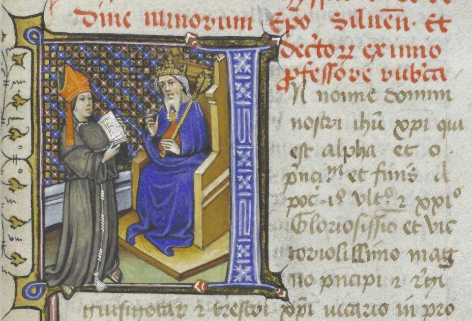 JanPauwelsKBR's tweet photo. Remarkable initial 'I'(n nomine domini ...) in which the author, the bishop of Silves, presents his work to King Alfonso IV 'the Brave' of Portugal on his throne (f. 3)

Ms. 9596-97 @kbrbe, Alvarus Pelagius, 'Mirror for Princes', Latin, Bruges, c. 1420

https://t.co/2OC4ikTizI https://t.co/cOGZkMLI1H