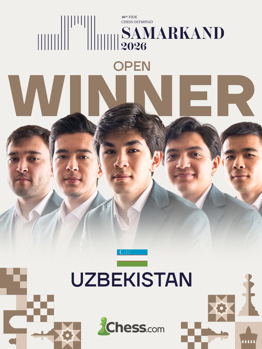 chesscom's tweet photo. UZBEKISTAN WIN CHESS OLYMPIAD GOLD AGAIN! 🇺🇿🥇

Led by World Championship challenger Sindarov, world #7 Abdusattorov and an in-form Yakubboev, the youthful home nation secure their second #ChessOlympiad title in three editions! 👏