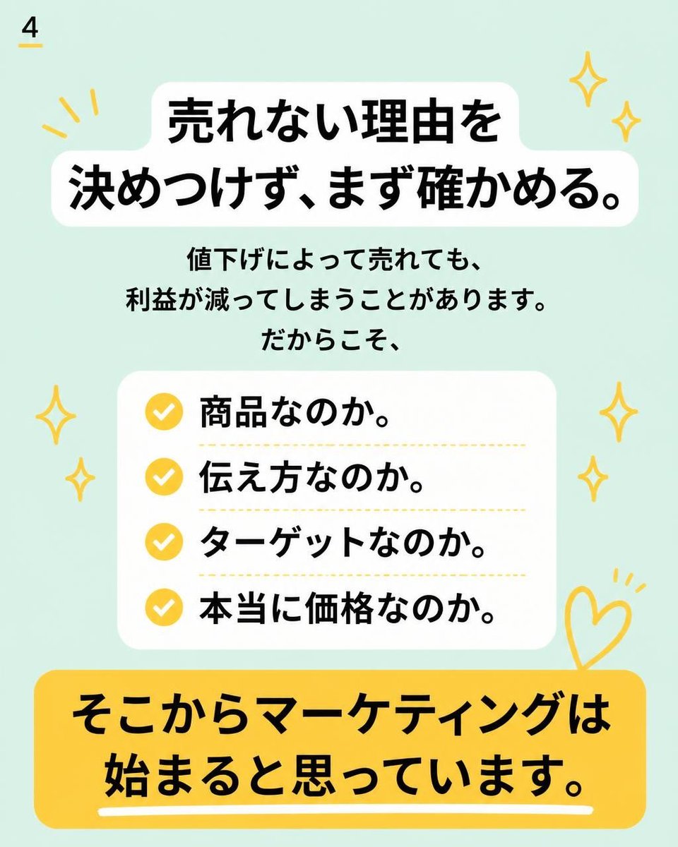 akane_link's tweet photo. 売れないから値下げ。
ついやっちゃいますよね。
すごくわかります。
でも、値下げする前にちょっと考えてみたいことがあります。

価格だけを見てすぐに値下げを決めることはできません。
その商品は、誰のために作ったのか。
お客様は、どこに価値を感じているのか。
その価値は、現場できちんと伝えられているのか。

そして、自分でも実際に買って、使って、数字も確認します。
なぜなら、値下げをすれば一時的に売れることはあっても、利益が減ってしまうこともあるからです。

「売れない＝高い」
と決めつけるのではなく、

まずは原因を確かめることが大切だと思っています。
売れない理由を決めつけず、まず分析する。
そこからマーケティングは始まります。💡

━━━━━━━━━━━━━━
株式会社Link to the Future
代表 笠井あかね
━━━━━━━━━━━━━━

#マーケティング #価格戦略 #マーケター #商品開発 #顧客理解