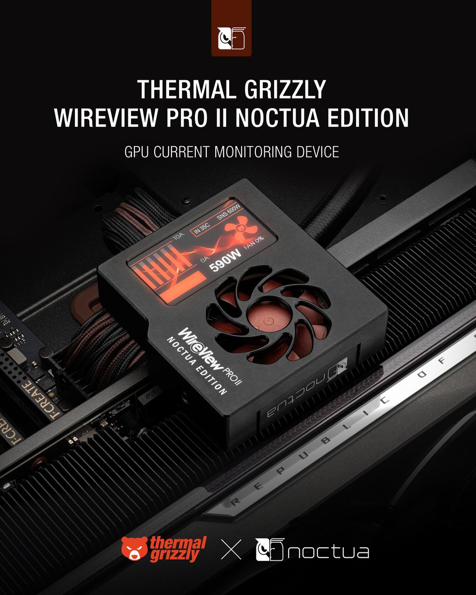 Noctua_at's tweet photo. Worried about a melting 12V-2x6 connector? The WireView Pro II monitors current per pin to help protect your GPU. Thrilled to collab with @Thermal_Grizzly on the new Noctua Edition that runs mostly silent and significantly quieter when the fan spins up. https://t.co/khx2vntXrR https://t.co/V2533sYvru