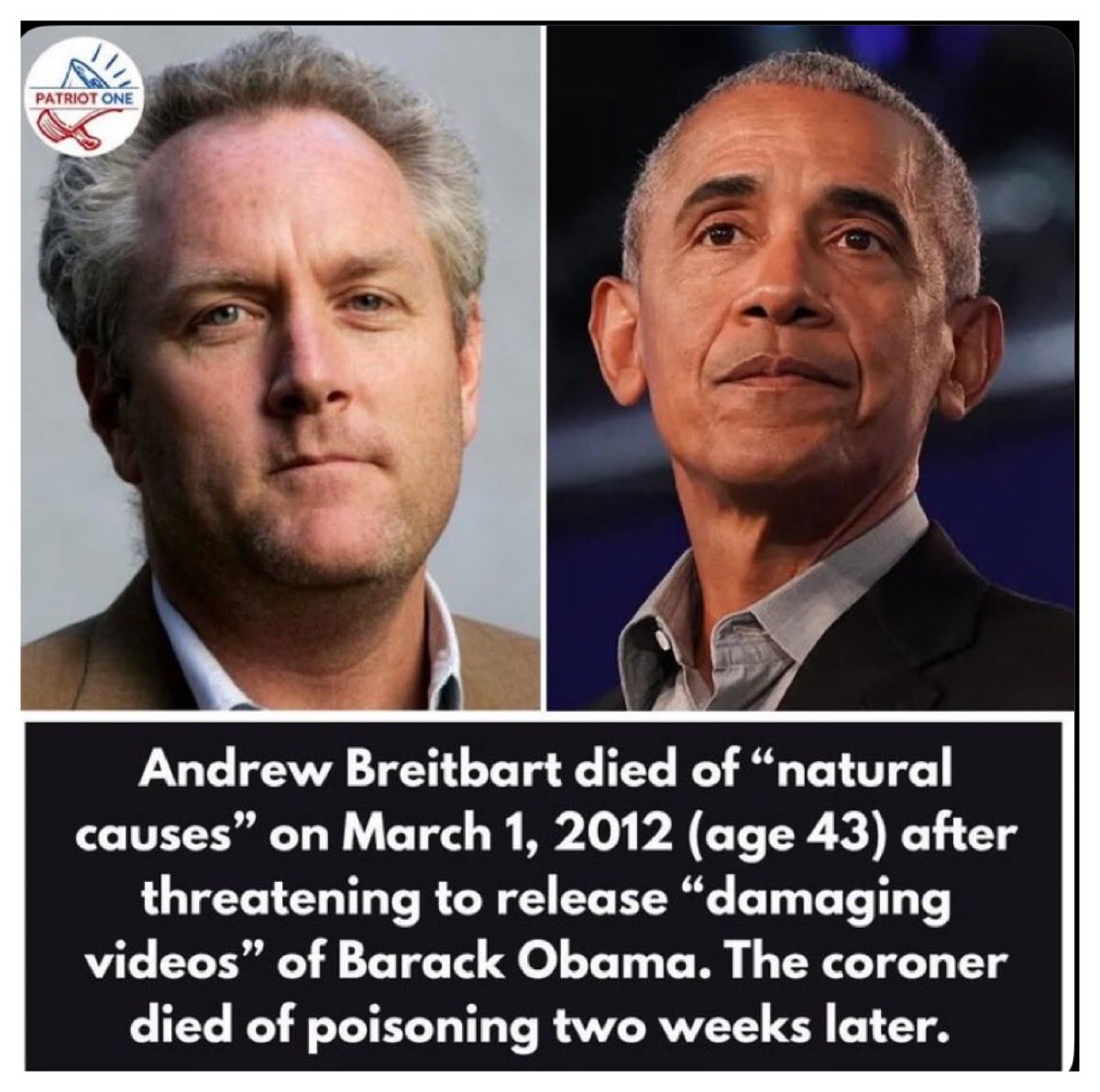 gaye_gallops's tweet photo. ♦️♦️♦️A HAUNTING REMINDER♦️♦️♦️

REMEMBER: Andrew Breitbart threatened to
release “damaging videos” on Barack Obama.

“The videos will greatly affect the 2012
election and I will release them just before
November” stated Andrew

He perished and so did his poisoned coroner

Umm… https://t.co/YaypXgeMvJ