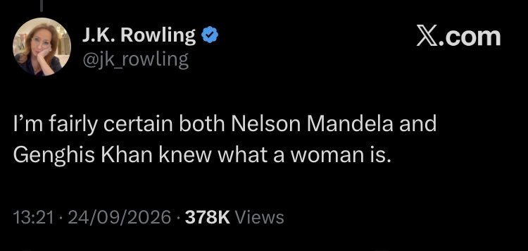 TheJollyChap's tweet photo. Nelson Mandela banned anti-trans prejudice in the South African constitution and the Mongolians have a long history of cultural gender blurring.

JK Rowling is THE dumbest motherfucker. https://t.co/3yNgk16I2E