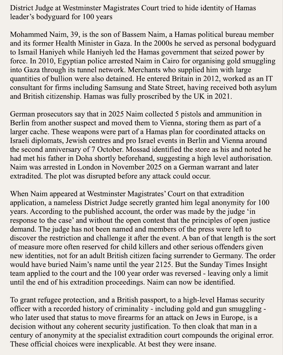 koshercockney's tweet photo. 🔴 Hamas bodyguard granted UK citizenship before allegedly plotting terror attack.

A former bodyguard to Hamas leader Ismail Haniyeh was granted asylum and British citizenship.

According to reports, he later used his position to help plot a major terrorist attack targeting Jews in Europe — a plot that was ultimately foiled.

And EVEN WORSE:

An unnamed District Judge sitting at Westminster Magistrates’ Court reportedly granted the man a 100-year anonymity order, preventing his identity from being publicly revealed.

So a man linked to one of the world’s most notorious terrorist organisations was reportedly granted sanctuary and citizenship in Britain, allegedly became involved in a plot targeting Jews in Europe — and can now remain anonymous for a century.

What the fuck is wrong with the UK Government and legal system? The country is in serious trouble