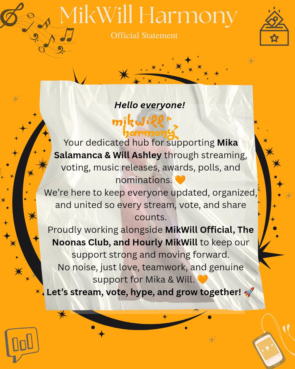 MikWillHarmony's tweet photo. ♡ HELLO, MIKWILL FAM! ♡ 🧡

Welcome to MikWill Harmony — our space for streaming, voting, updates &amp; all-out support for Mika &amp; Will! ✨

Let’s make every stream, vote, and little effort count. 🫶🏻

Follow us, turn on notifications, and let’s show up for MikWill together! 🧡🎶 https://t.co/mctIB7ew0l