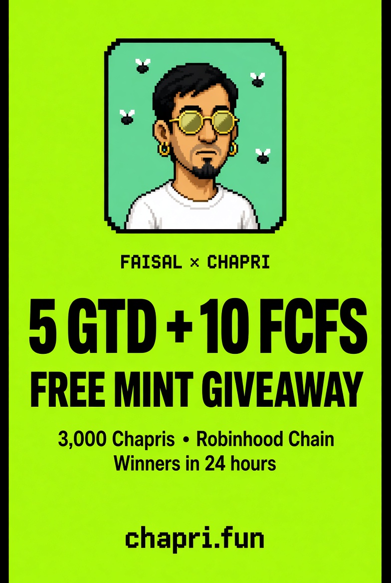 0xFaisalweb3's tweet photo. Grow With Faisal × @CHAPRINFT_

5 GTD + 10 FCFS spots.

Free mint. 3,000 Chapris. Robinhood Chain.

To enter:
• Follow @CHAPRINFT_ & @0xFaisalweb3
• Join the WL: https://t.co/muxhbky57e
• Like + Repost
• Drop your EVM wallet
• Tag 1 friend

Winners in 24 hours.
No WL = no spot.