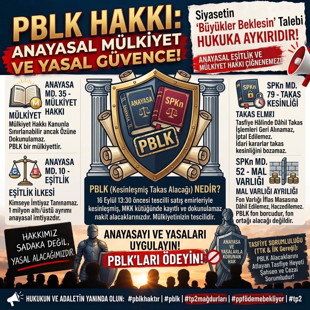 RASKOLNKOV_x's tweet photo. Sayın devlet büyükleri,

Fon tasfiyesinde "1 milyon TL altı" gibi keyfi bir tavan belirlemek ne hukuki ne vicdani ne de adildir!

• 1. kişi: Yıllarca çalışıp ev almak için biriktirdiği 4-5 milyon TL’sini bu fona emanet etti. 

• 2. kişi: Zaten on milyonlarca serveti olup, sadece 1 milyon TL'sini fona emanet etti.

500 bin - 1 milyon TL bir insanı sarsar ama hayatta tutar; ancak 5 milyon TL gibi bir ömrün emeğini, ev parasını bir günde kaybetmek insanı cinnet eşiğine, telafisi imkânsız ailevi ve insani facialara sürükler!

Asıl devasa yıkımı ve hayat karartan zararı gören 1. kişi cezalandırılıp, tuzu kuru olan 2. kişi mi kurtarılacak?

Bu hangi adalete, vicdana, hukuka sığar? Bir mağdurun hakkı çiğnenerek diğerine ödeme yapılamaz!

Devleti ayakta tutan adalettir. 

Yasalarımız ve SPK mevzuatı neyse o uygulanmalıdır. Çözüm keyfi barajlarda değil; SPK 2026/61 sayılı kararının 6. maddesi ve SPKn Md. 79 (Takas Kesinliği) uyarınca hak ediş sırasına göre eksiksiz ödeme yapmaktır.

Yol yakınken bu vahim hatadan dönülmelidir.

@RTErdogan @_cevdetyilmaz @memetsimsek @abakingurlek @varank @ZeybekciNihat @mehmetmus @BY @HMBakanligi @spkgovtr @isbankasi @Akparti  @iletisim @oktay_saral 
@dbdevletbahceli @tcbestepe @meltem_taylan @cemilertem @avabdullahguler @mustafaelitas
@burhanduran @aerdemcantimur @ilhan_hatipoglu @mahirunal @abuyukgumus @eczozgurozel @omerrcelik

#ppfödemebekliyor #FonMağdurlarıAçıklamaBekliyor
#fonmağdurları
#ppf  #TP2