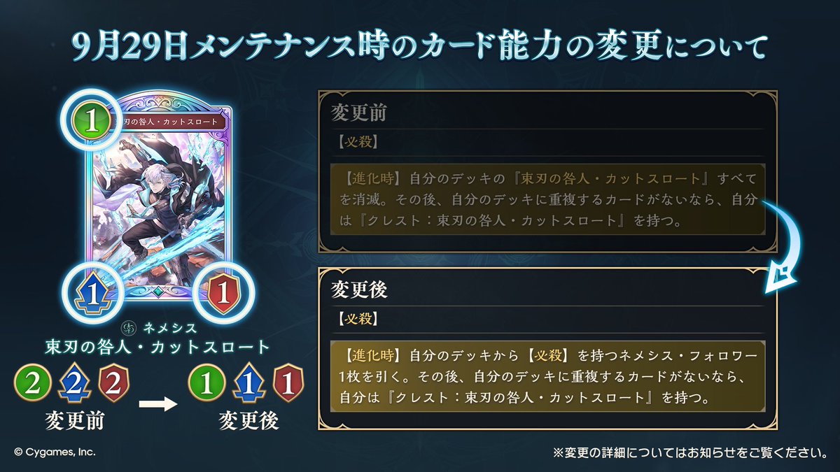 shadowverse_jp's tweet photo. 【カード能力変更（2/2）】
9/29のメンテナンス時に『束刃の咎人・カットスロート』『ハクガ燐斂』『屈辱なる放逐』のカード能力を変更いたします。

▼詳細
https://t.co/TRHOkgmiTC

#シャドバWB https://t.co/1FS3JFVULA