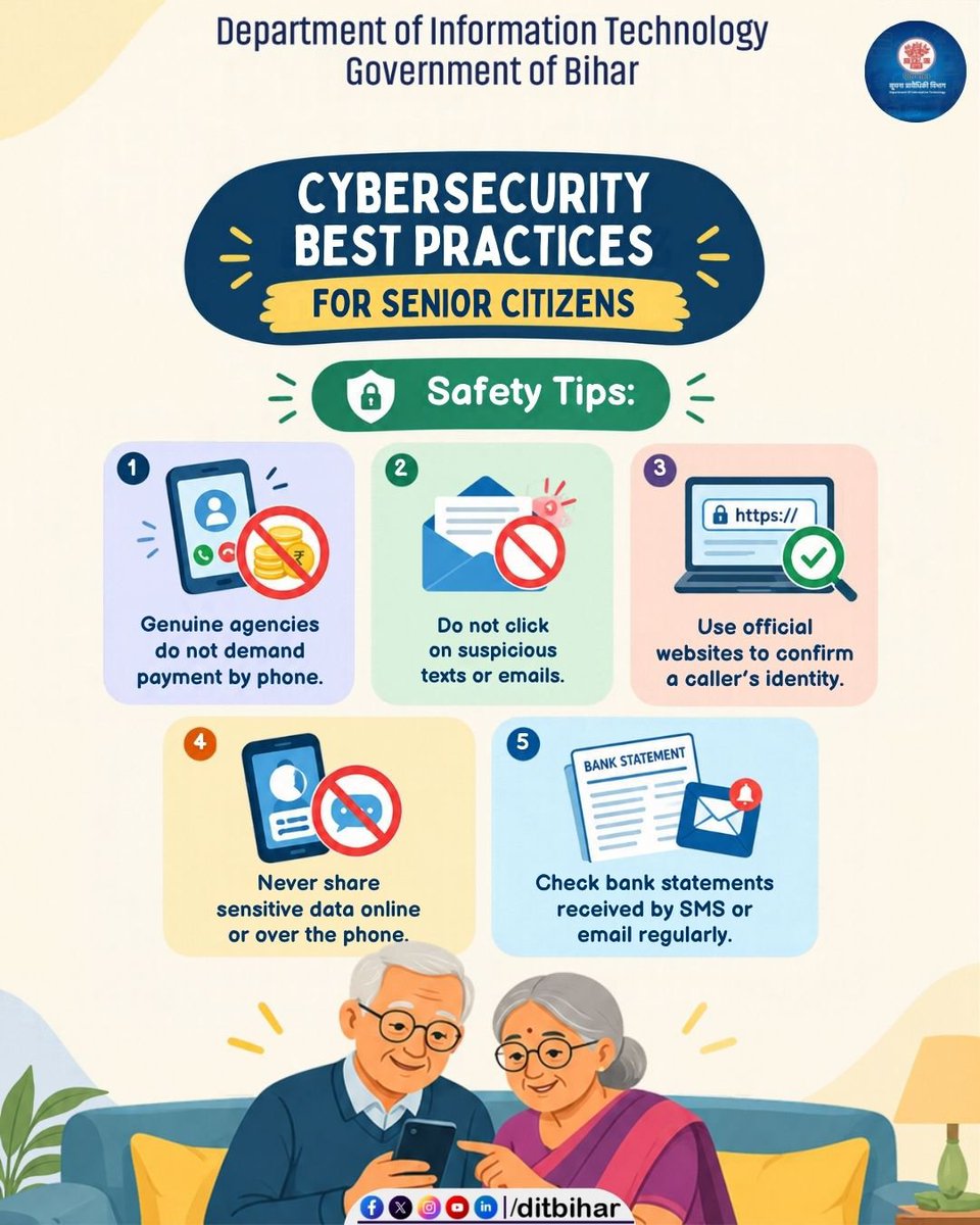DitBihar's tweet photo. Scams don’t always look suspicious. 

A call saying “Your KYC will expire”, “Your account will be blocked”, or “Make the payment now” can create panic, and that’s exactly what scammers rely on.

One small reminder can prevent a big loss.

Share this with your parents, grandparents and senior citizens in your family.

@mishranitish
@AbhaySinghIAS
@IPRDBihar
@BiharHomeDept
@Cyberdost
@IndianCERT

#CyberSafety #CyberSecurity #SeniorCitizens #StayCyberSafe #ScamAlert