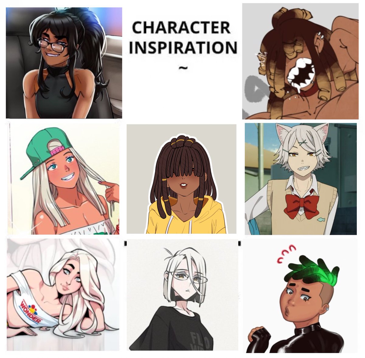 EbonyFembxy's tweet photo. @JelaniStcloud @LoreFrisss @IrishVampr @LatinaTomboy @GayEmoFxmboy Here are some of the character inspirations of Mellow:

- Ester Figueroa (AndavaAgain)
- Candy (Tekuho1)
- Izzy (SlutWriter)
- Troy (GomiBin_art) (because of the dreadlocks)
- Shunran Nishi (Chansmoker Cat)
- Cazu (FemboyCarti)
- Flou (flou_art)

#OC #CharacterInspiration https://t.co/H4SMyejfYp