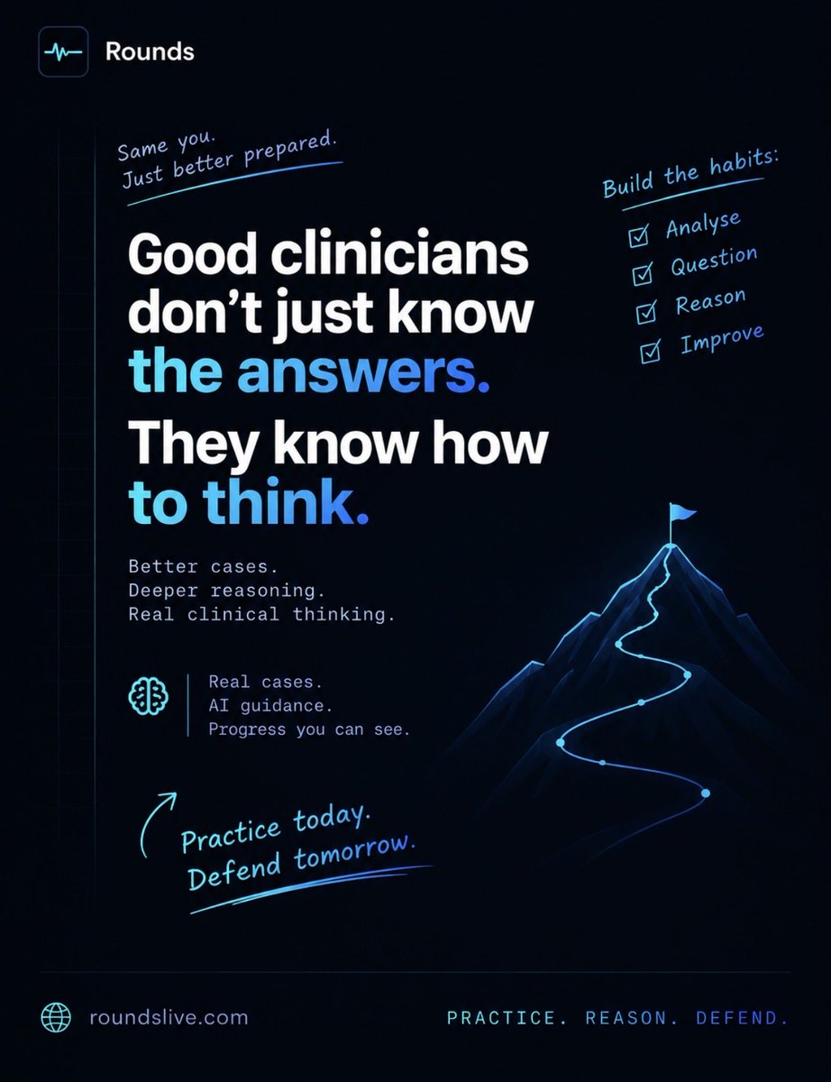 prosperojonimi's tweet photo. I built Rounds because I got tired of the idea that clinical reasoning is something you just pick up by reading enough.

At some point, you have to actually sit with a case, make the decision, and defend it.

That’s what I’m trying to make Rounds good at. https://t.co/Jv7sHyvRS4