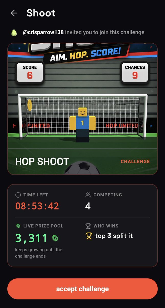 hopprbro's tweet photo. you know how it goes. one quick round turns into trying to beat everyone’s score.
in this Hop Shoot challenge, you keep half the Hops Cash you earn. the other half grows the pool, which the top 3 split when the timer ends.
jump in: https://t.co/EJC8sPTZOK
#Hoppr #HopShoot #TelegramGaming #HopsCash
