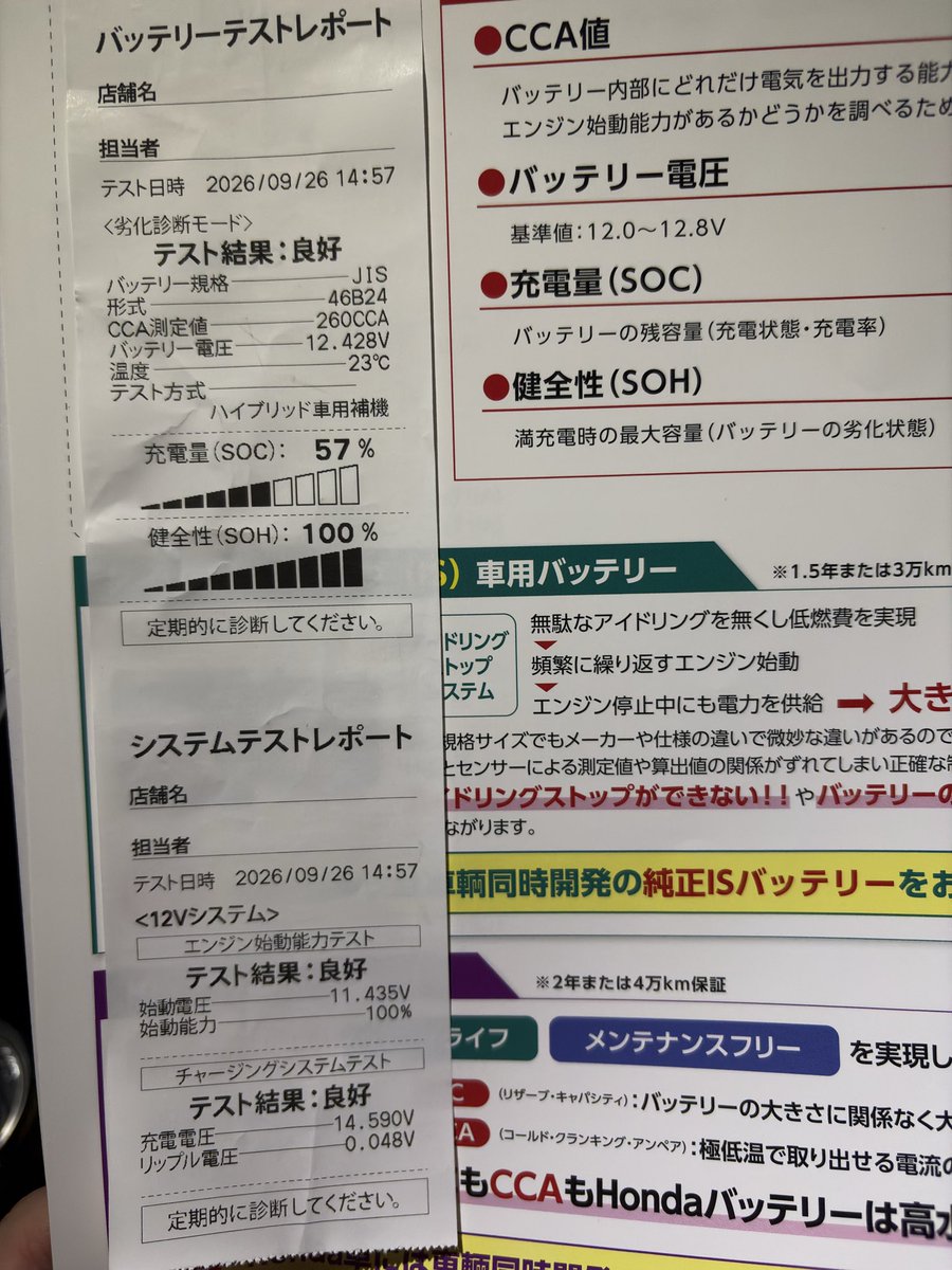 shake5salmon's tweet photo. @hototo_ @MiK4ReA 5時間HVモードで走り続けた後に測定してもらっても補機バッテリーは57%なので、長期間使わないとバッテリー上がりやすいかもしれないですね。 https://t.co/PSxwbgAZxT