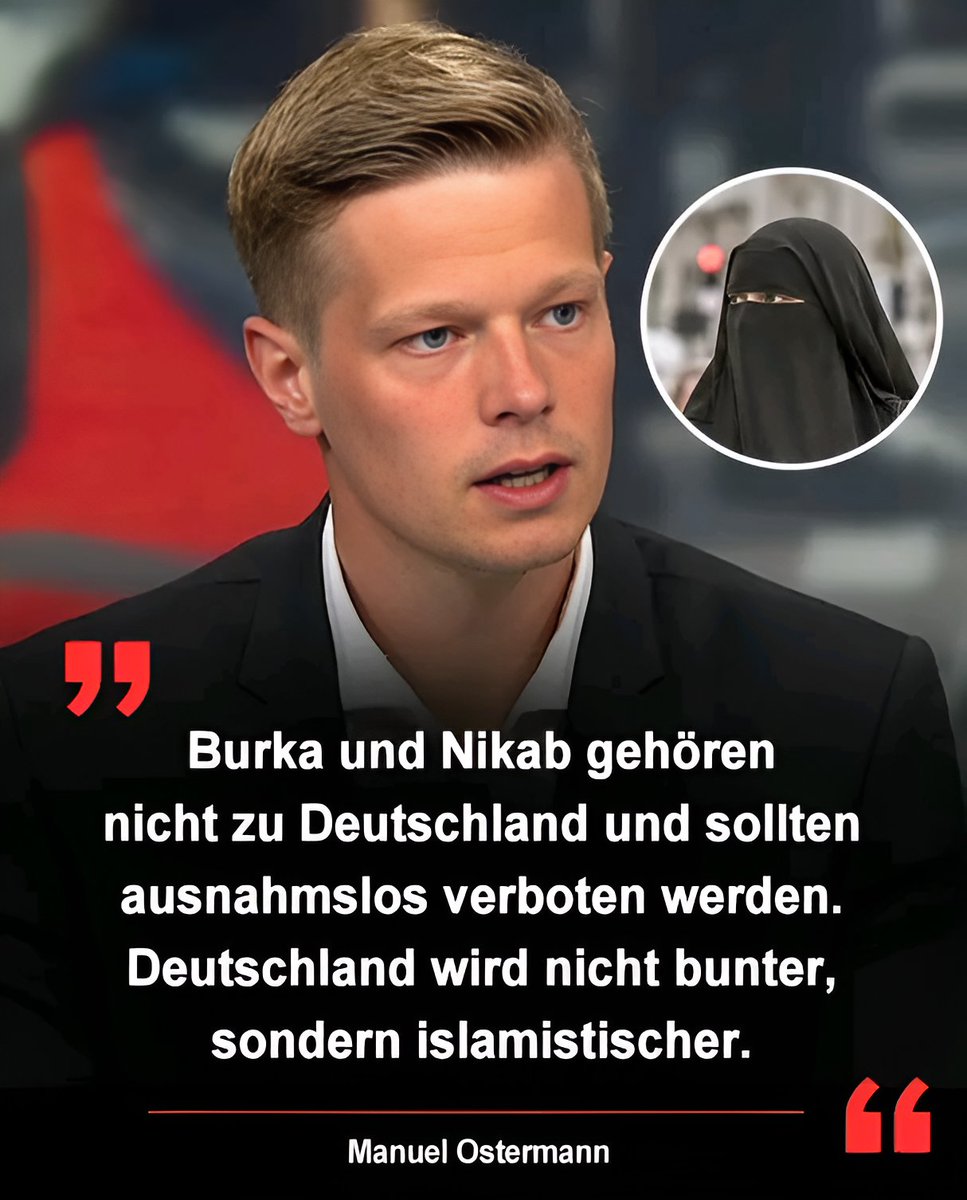 PikAssDE's tweet photo. Manuel Ostermann plädiert für klare Kanten und ein Verbot von Burka und Nikab in Deutschland. Er wünscht sich eine ehabliche Debatte über echte Integration und mehr Konsequenzen statt leeren Worten. Wie seht ihr das? 🇩🇪 💬 #ManuelOstermann #Integration #Debatte https://t.co/9RxtznxtR2