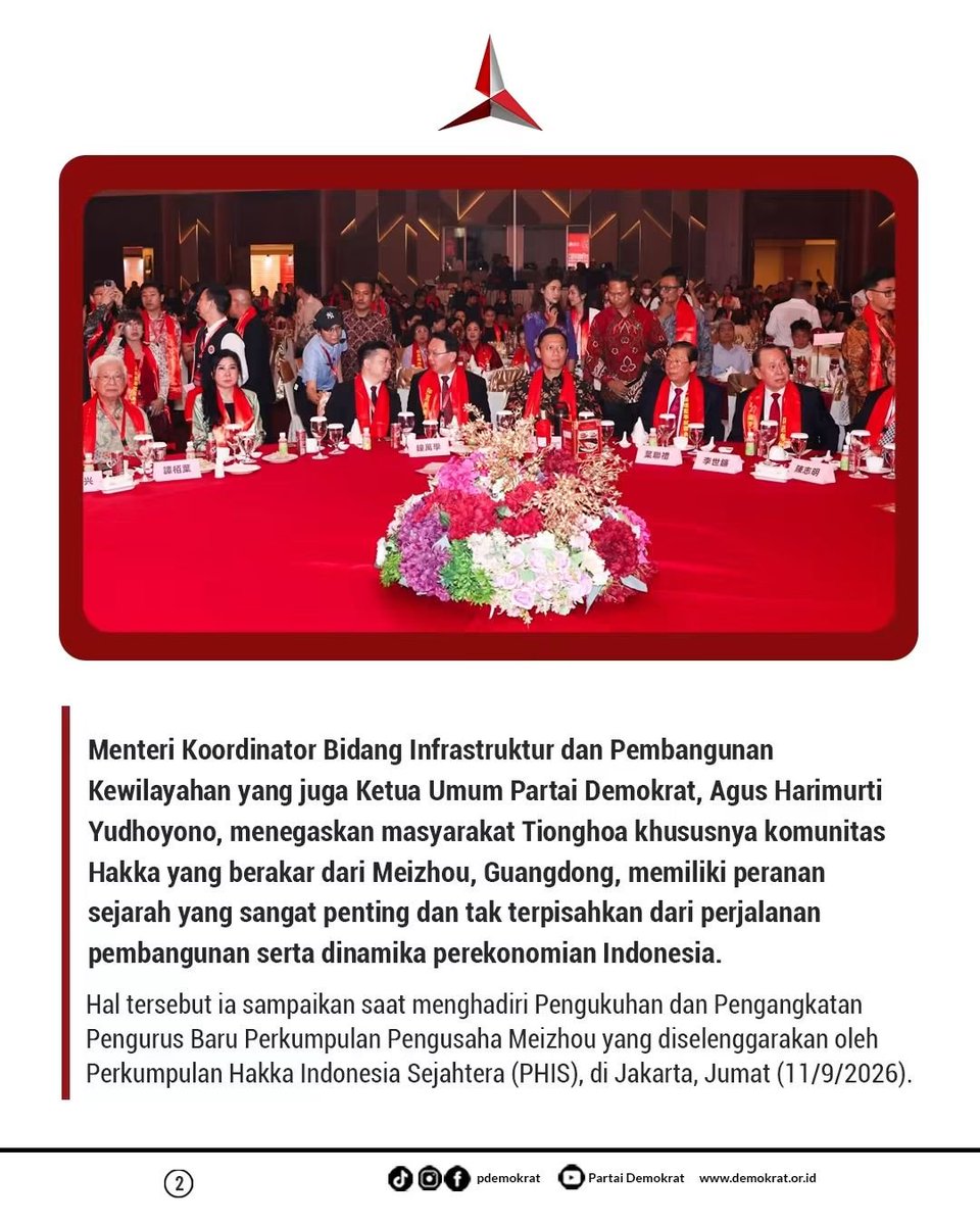 DPCDemokratLA's tweet photo. Ketua Umum Partai Demokrat, Agus Harimurti Yudhoyono (AHY), menghadiri acara Pengukuhan dan Pengangkatan Pengurus Baru Perkumpulan Pengusaha Meizhou Indonesia yang diselenggarakan oleh Perkumpulan Hakka Indonesia Sejahtera (PHIS) di Jakarta.   

#ahy #menkoinfrastruktur  #PHIS https://t.co/38rN4TW2Kx
