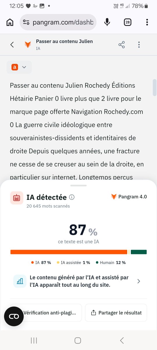 Robert95692995's tweet photo. @JAsensio Pangram ne ment pas : excepté "les castrats de la dissidence", la plupart des derniers écrits de Rochedy sur https://t.co/r1Dp1GhcBO sont à l'avenant : pondus à plus de 80% par IA. Sur des textes aussi longs il n'y a aucun doute. C'est encore p’us grossier que le cas Thélyson. https://t.co/jVeAQ6CbzN