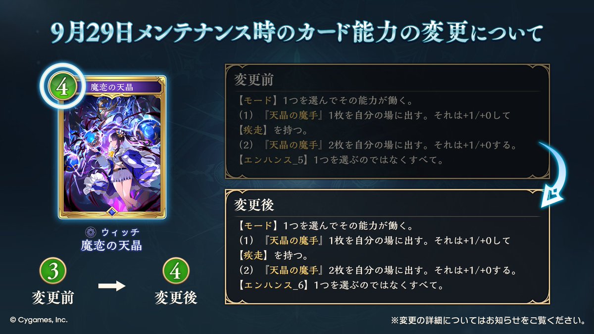 shadowverse_jp's tweet photo. 【カード能力変更（1/2）】
9/29のメンテナンス時に『魔恋の天晶』『真王の刃・黄金の騎士』『渦潮の砲手』『海域の斥候』のカード能力を変更いたします。

▼詳細
https://t.co/TRHOkgmiTC

#シャドバWB https://t.co/ce2PiUZxIK