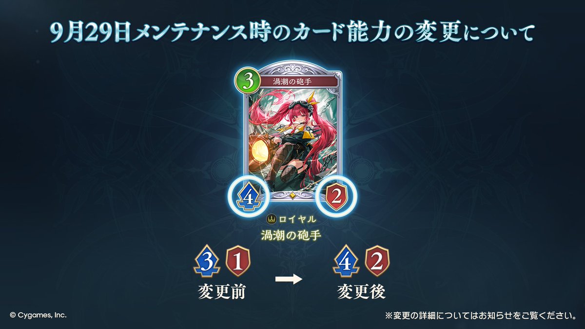shadowverse_jp's tweet photo. 【カード能力変更（1/2）】
9/29のメンテナンス時に『魔恋の天晶』『真王の刃・黄金の騎士』『渦潮の砲手』『海域の斥候』のカード能力を変更いたします。

▼詳細
https://t.co/TRHOkgmiTC

#シャドバWB https://t.co/ce2PiUZxIK