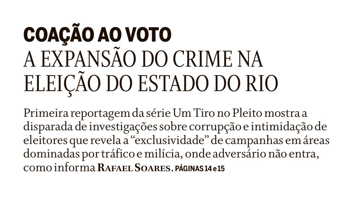 rafapsoares's tweet photo. UM TIRO NO PLEITO

Na eleição do RJ, estado recordista de inquéritos de corrupção e coação eleitoral na PF, tráfico e milícia fecham acordos de campanha exclusiva em seus redutos, patrocinam candidaturas, participam de comícios e executam políticos que contrapõem seus interesses. https://t.co/subwORolM5