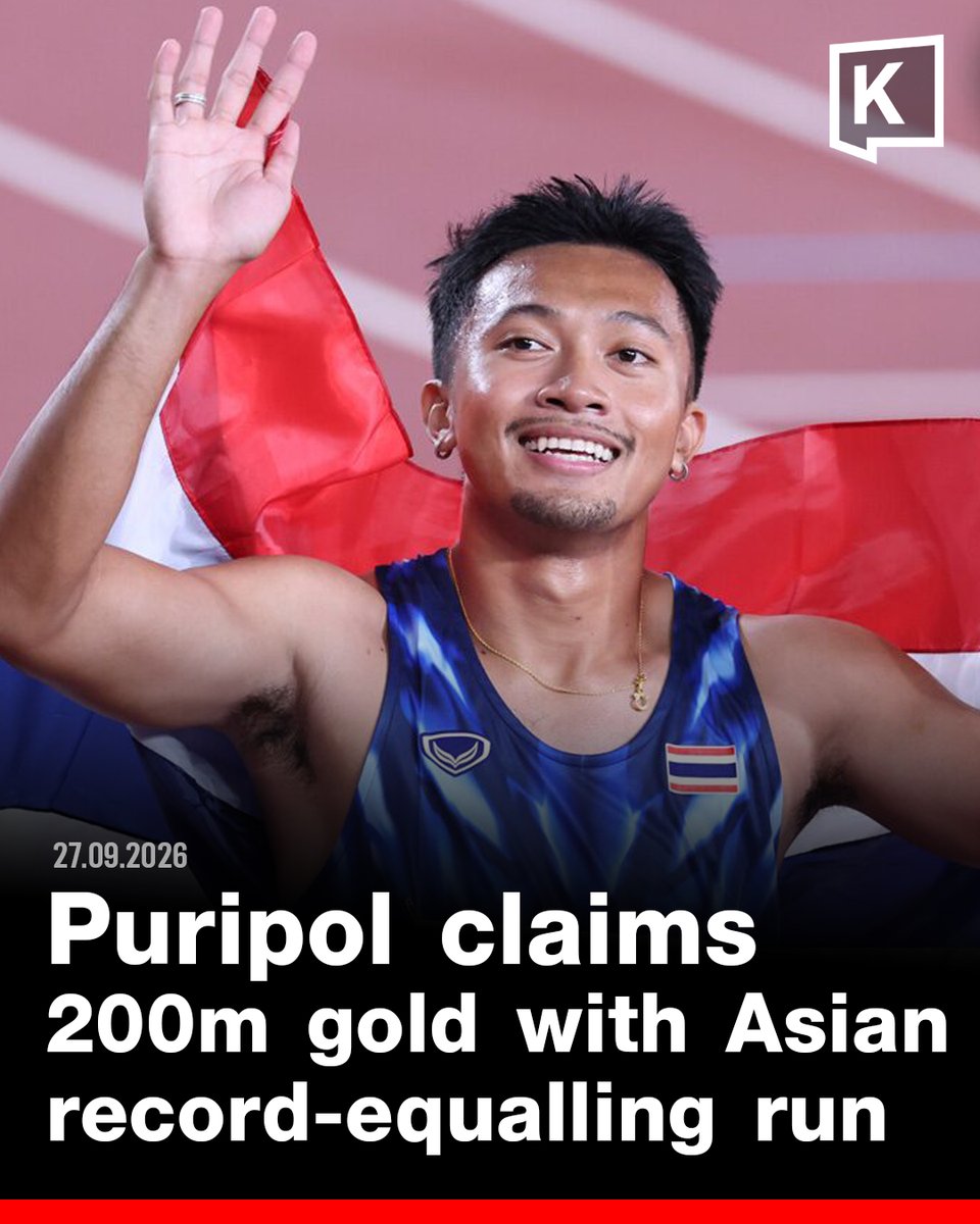 KhaosodEnglish's tweet photo. Thai sprint star Puripol stormed to the men’s 200m gold at the Aichi-Nagoya 2026 Asian Games, clocking an incredible 19.88 seconds — breaking the 20-second barrier for the first time and matching the Asian record.

It is Puripol’s second gold of the Games after winning the 100m. He still has the men’s 4x100m and mixed 4x100m relays ahead. 🔥

#PuripolBoonson #Puripol #AsianGames2026