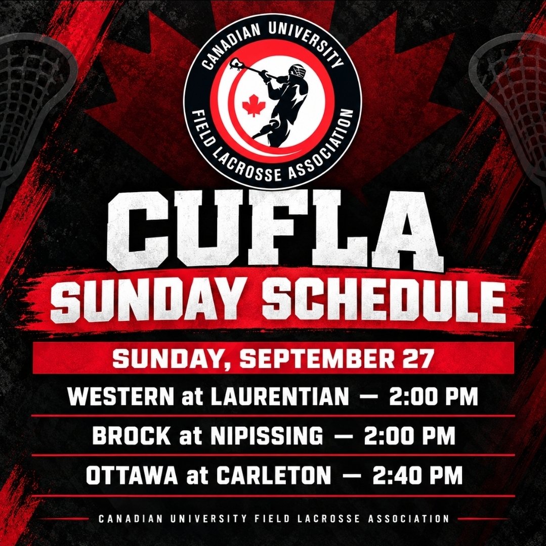 CUFLAlacrosse's tweet photo. CUFLA has three big games on tap this Sunday!

Western visits Laurentian and Brock travels to Nipissing at 2:00 p.m., before Ottawa and Carleton battle in the nation’s capital at 2:40 p.m.

#CUFLA #CanadianUniversityLacrosse #FieldLacrosse https://t.co/ZuHe6xmIde