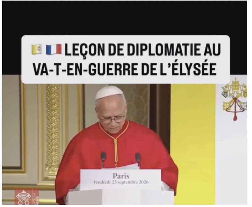 lacavapeter's tweet photo. Face à Macron le Pape Léon XIV n'a pas mâché ses mots

«La guerre n'est pas une fatalité
Cesser de s'y résigner
Cesser de la présenter comme inévitable »

Le dialogue la diplomatie pas les bruits de bottes

la France a vocation à être un artisan de paix... pas un pompier pyromane https://t.co/NffRcj90Jt