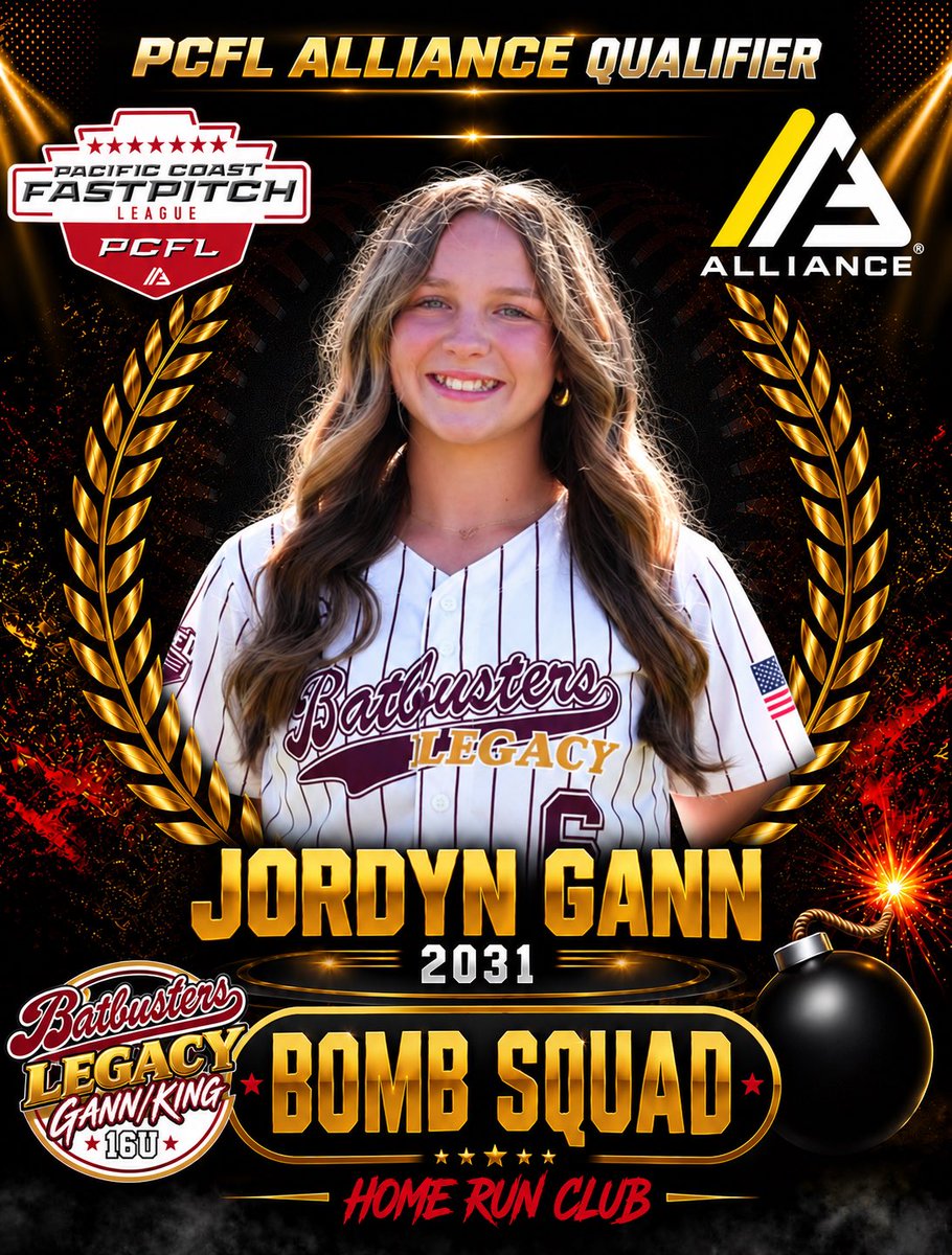 BBLegacyGK's tweet photo. 💣 BOMB SQUAD ALERT! 💣

2031 Jordyn Gann went YARD at the PCFL Alliance Qualifier! 🥎💥

Big swing. Big moment. Congrats, Jordyn! 

Way to start off the BOMB SQUAD for this fall!

#BatbustersLegacy #PCFL #AllianceFastpitch #BombSquad https://t.co/96WGPgekjS