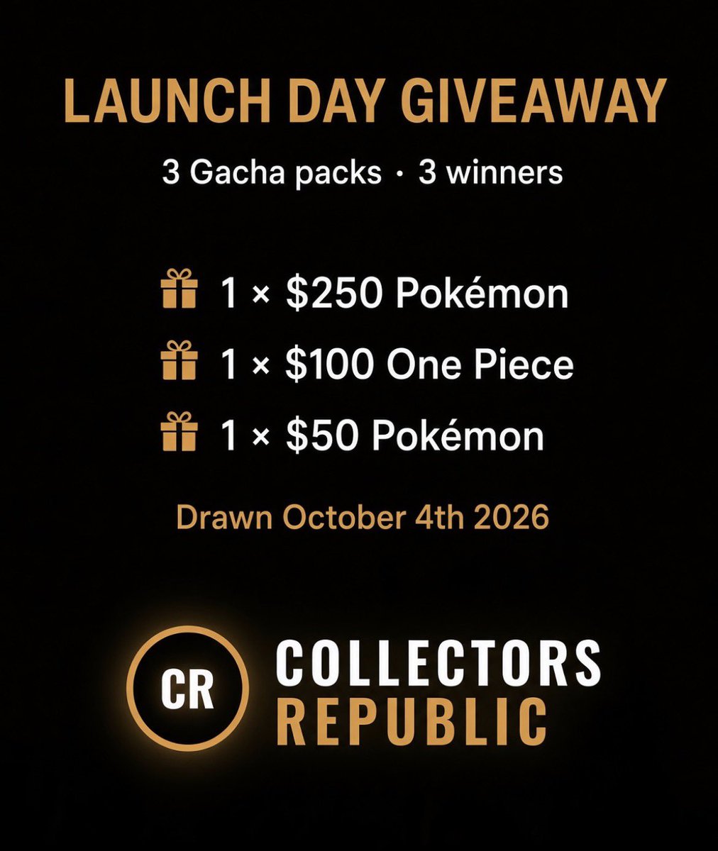 collectrepublic's tweet photo. 🎉 LAUNCH DAY GIVEAWAY 🎉

The wait is over. Collectors Republic is officially LIVE! 

To celebrate our launch, we’re giving away 3 Gacha Packs:

🎁 1 × $250 Pokémon Gacha Pack
🎁 1 × $100 One Piece Gacha Pack
🎁 1 × $50 Pokémon Gacha Pack

How to enter:
→ Follow @collectrepublic
→ Like + RT this post
→ Comment your favourite Pokémon 

🗓 Winners announced: October 4th 2026

Good luck, collectors! 🍀