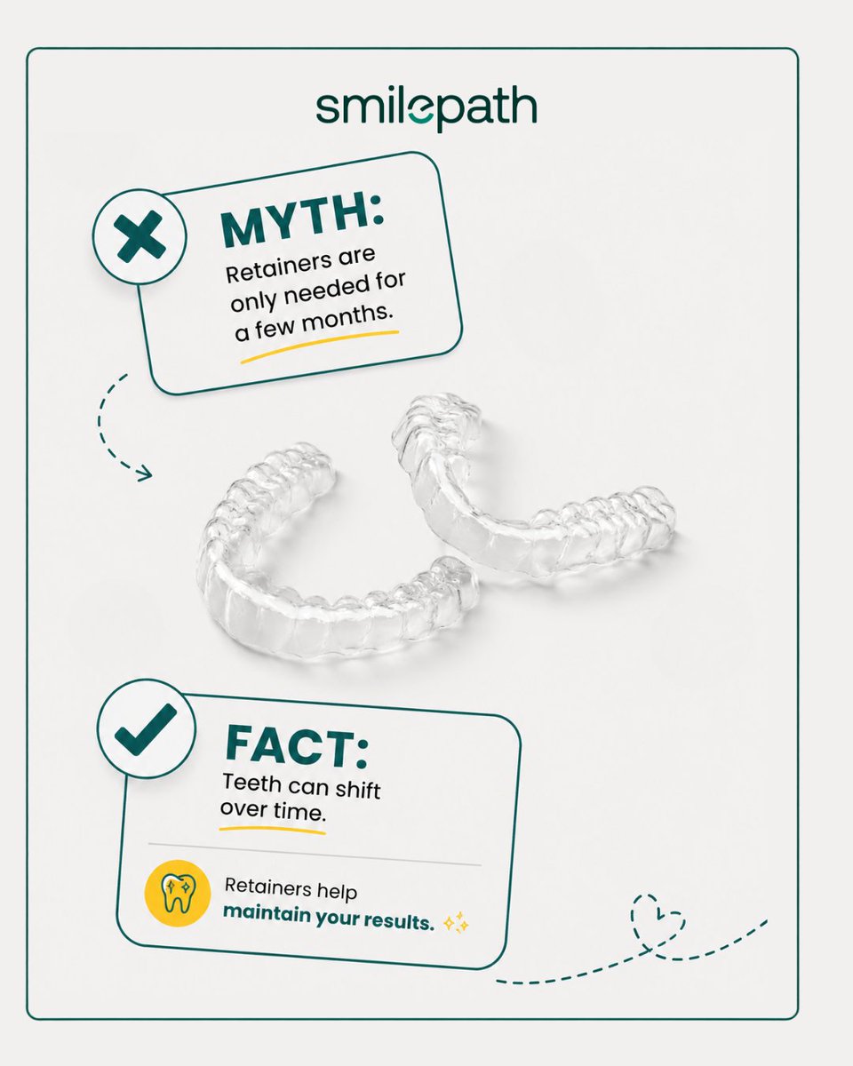 SmilePathAus's tweet photo. Retainers aren’t a “few months” thing. 👀🦷
 Your teeth can shift over time - so keep your smile where you want it! ✨  

#SmilePath #Retainers #SmileCare #ClearAligners #SmileJourney #DentalTips #HealthySmile #DentalCare https://t.co/Xug1EcCgCI