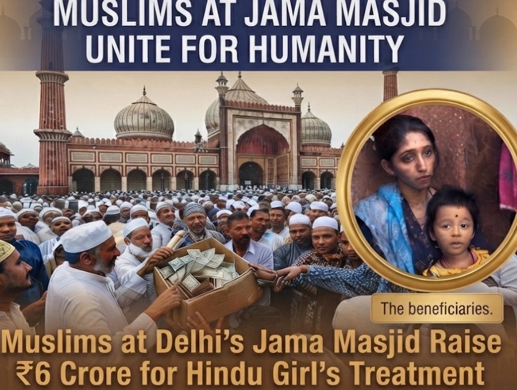 Sarcaztick's tweet photo. Two Indias

> Muslim women denied food because she refused to say ‘Jai Shree Ram’

> Muslims at Jama Masjid raise ₹6 Crore for Hindu girl’s treatment. https://t.co/UwAiLYF2tW