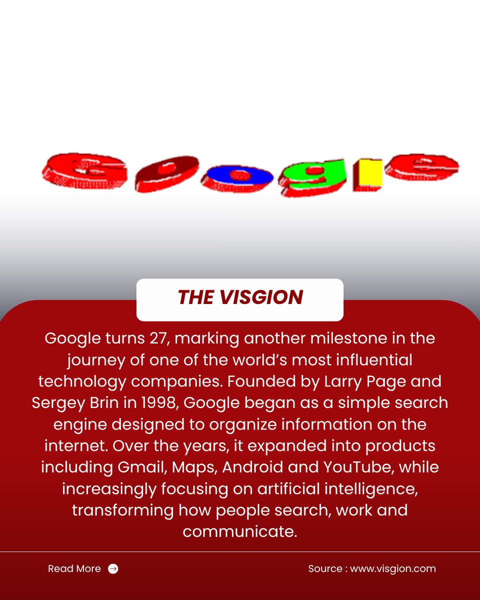 VisgionBreaking's tweet photo. Google is celebrating its birthday today, September 27.

The tech giant officially marks its birthday on September 27 each year, a date that has become a familiar annual celebration for one of the world’s most widely used internet companies.

#Google #GoogleBirthday  #Technology https://t.co/Z96Em88PHw