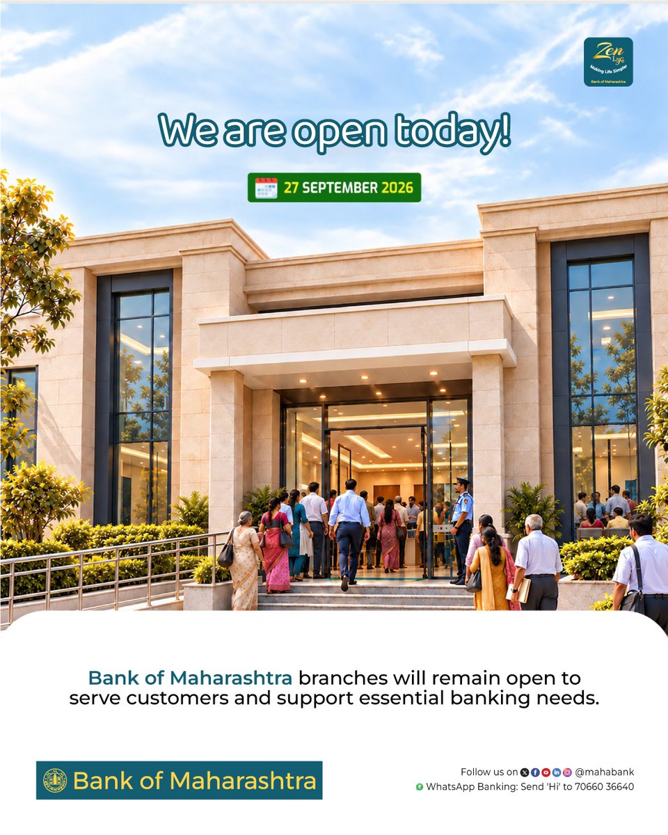 mahabank's tweet photo. We are open today!
Bank of Maharashtra branches are open today, 27 September 2026, to serve customers and support essential banking needs.
#BankOfMaharashtra #WeAreOpenToday #SundayBanking #EssentialServices #CustomerFirst https://t.co/gU4FmTPZhr