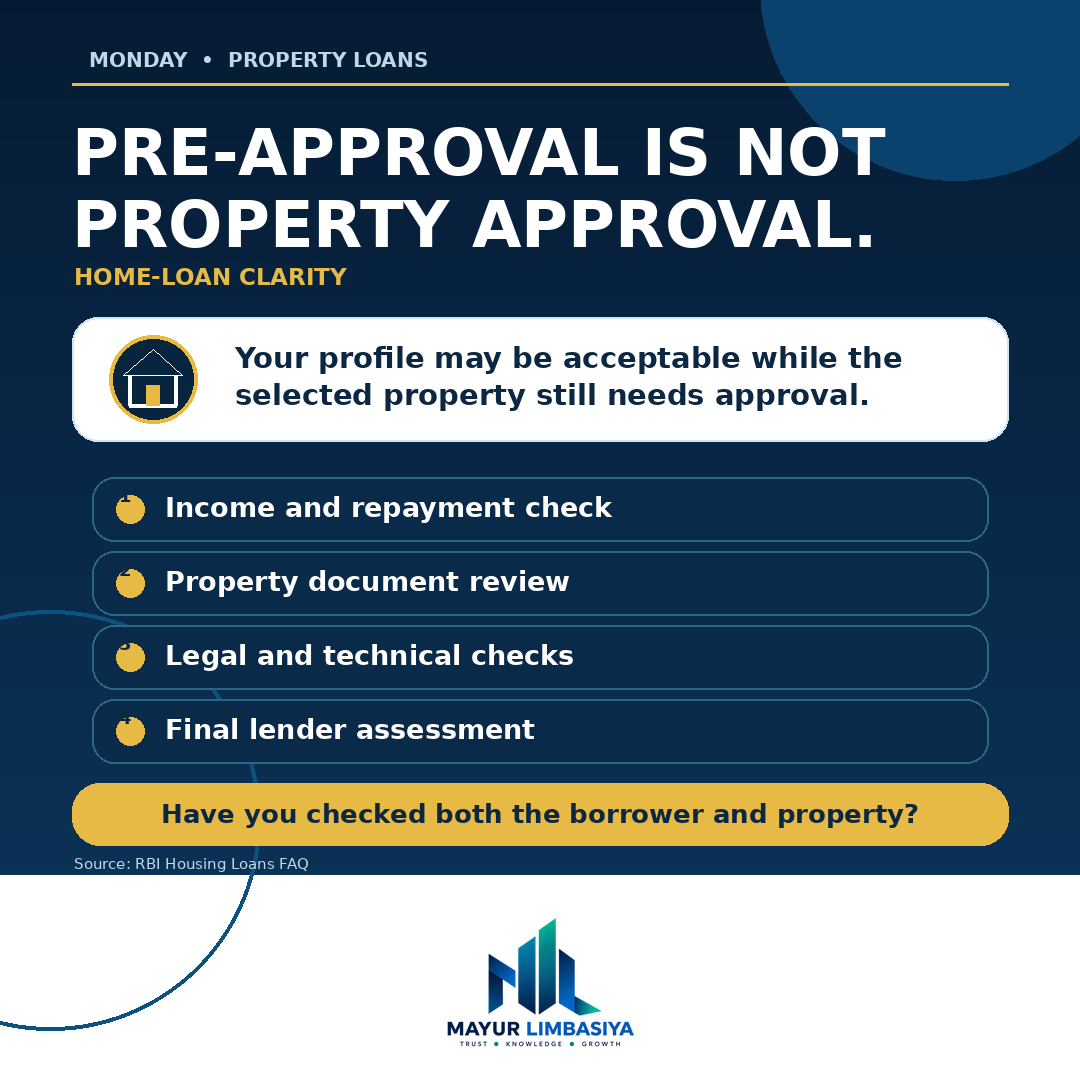 MayurFinancial's tweet photo. A home-loan pre-approval checks your profile; it does not approve every property.
The selected property may still need document, legal and technical checks before final sanction. Have you checked both sides? 
#HomeLoan https://t.co/aY02epYwCr