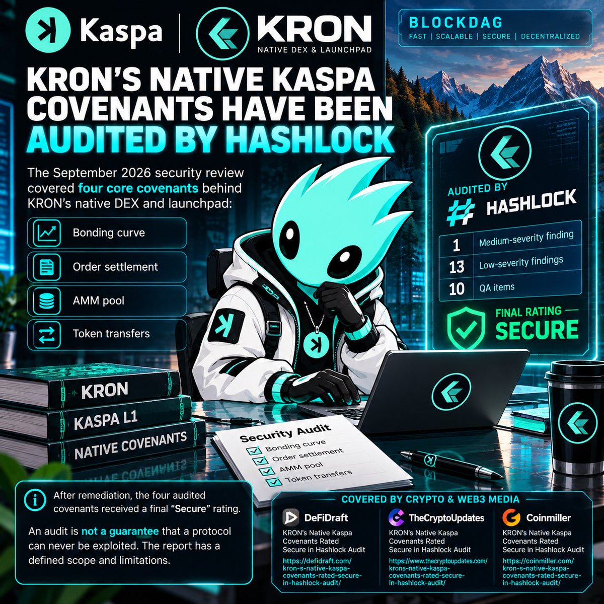 Kaspi_kas's tweet photo. KRON’s native Kaspa covenants have been audited by Hashlock.

The September 2026 security review covered four core covenants behind KRON’s:

• Bonding curve
• Order settlement
• AMM pool
• Token transfers

Hashlock identified 1 medium-severity finding, 13 low-severity findings and 10 QA items.

After remediation, the four audited covenants received a final “Secure” rating.

Important context: an audit is not a guarantee that a protocol can never be exploited. The report has a defined scope and limitations.

What makes KRON interesting is its architecture: it runs directly on Kaspa L1 through native covenants, rather than relying on a separate chain or bridge.

Audit ≠ invulnerability.
But independent code review matters.

https://t.co/bT4Rbj9oCR

https://t.co/Ht9koTn08Z

#Kaspa kaspa:native #KRON #Dex