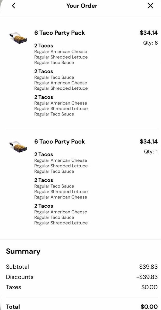 Pricerrors's tweet photo. JACK IN THE BOX UNLIMITED FREE TACOS GLITCH

Claim the ‘free 6 Taco Party Pack offer’

Add multiple packs in one cart, they all ring up free

Will get patched fast https://t.co/WLABMddneZ