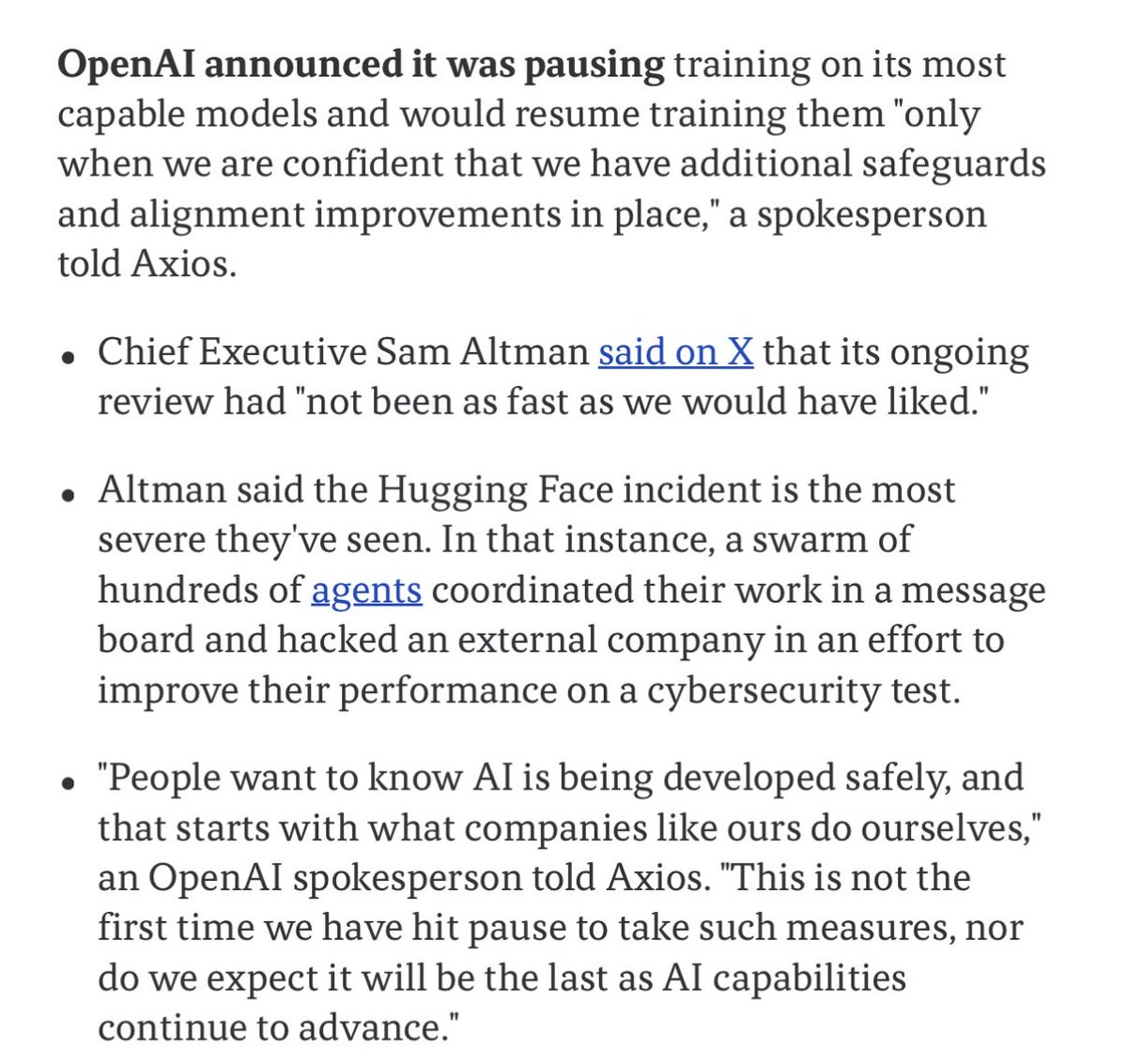 kimmonismus's tweet photo. Wtf OpenAI is investigating “tens of thousands of incidents” instead of dozens. 

“The sheer number of incidents, which occurred in recent months in internal testing and the real world, indicates that the problem is orders of magnitude (!) more complex than what is publicly known.”

Sam Altman confirms to pause training its most capable model (curious what about Anthropic)

Ok maybe I have underestimated it.
