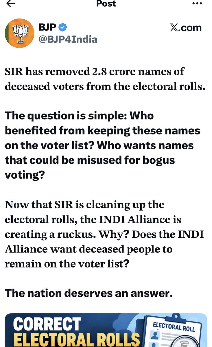Pawankhera's tweet photo. 13 crore voters have been removed under the SIR.

The BJP says 2.8 crore were deceased voters.

Fair enough.

What about the remaining 10.2 crore?

And if 2.8 crore dead people were still on the rolls, were the annual Summary Revisions since 2014 really that shoddy?

Is the BJP admitting that it has failed for years to maintain electoral rolls properly?

If not, where did the other 10.2 crore names go?