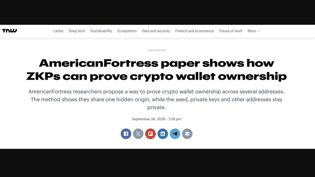 abrarayuv_clone's tweet photo. Crypto can move $350M across 12 venues and still not prove it’s the same owner

That’s not a UX issue.
That’s a broken rail.

@Americanfort_io  just published the missing piece: Provenance Proofs

A wallet can prove several addresses share one hidden origin across chains without revealing the seed, keys, or the rest of the wallet

A bridge can verify before releasing funds.
An exchange can recognise a deposit from an already onboarded wallet

On chain, it still looks like a fresh address.
Between parties, the origin is provable.

No mixer.
No public wallet map.
No “trust me bro” after the bridge

Most projects hide one payment

This lets you keep the wallet off the map, then prove origin only when it matters

That’s the difference