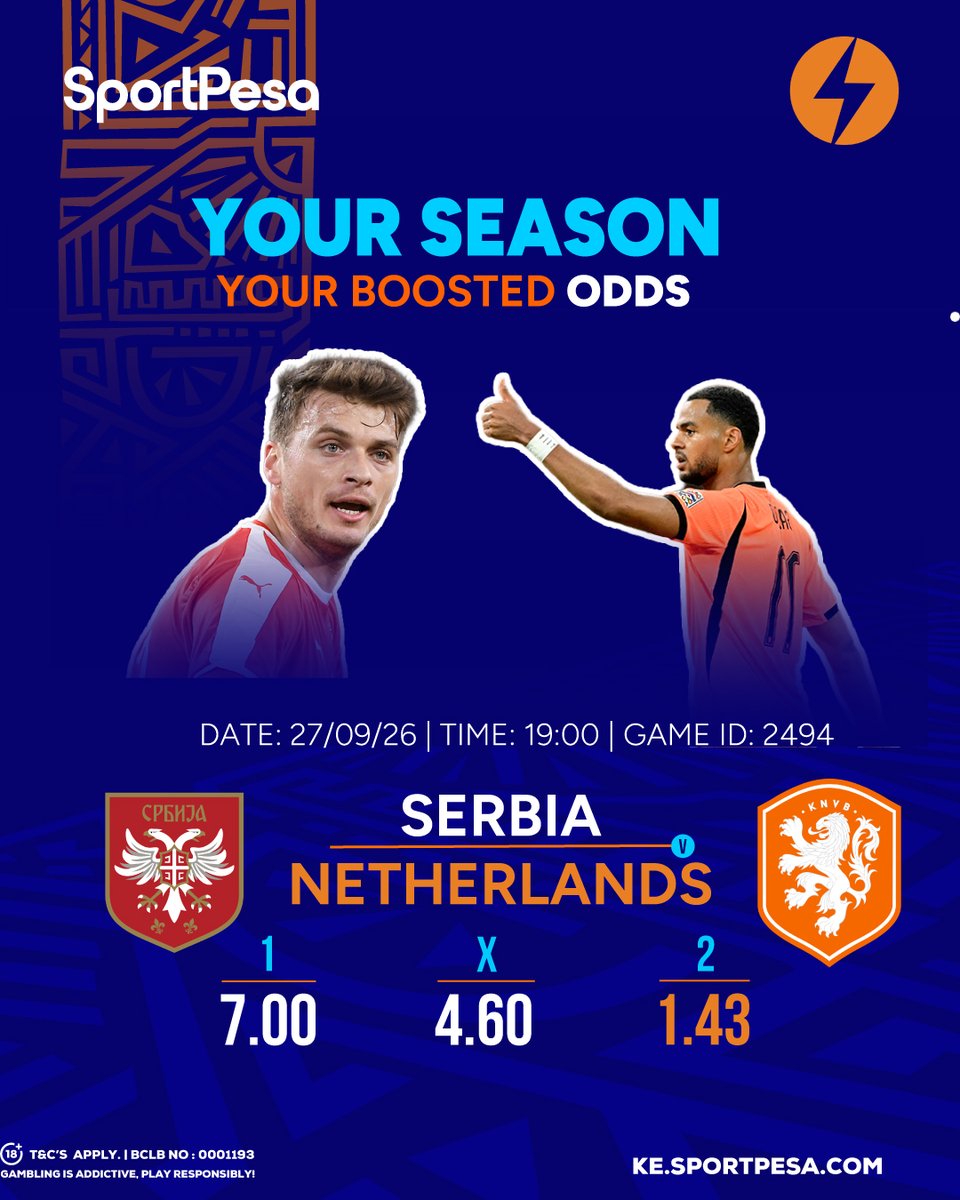 SportPesa's tweet photo. 💥Serbia 🆚 Netherlands💥

UEFA Nations League matchday 2 iko set!

Unaonaje, Netherlands watatoka na victory away, ama Serbia watakaza na kuacha statement home?

📲https://t.co/2aAmKVxNkh | #MakeItCount https://t.co/0Gr43KpxxT