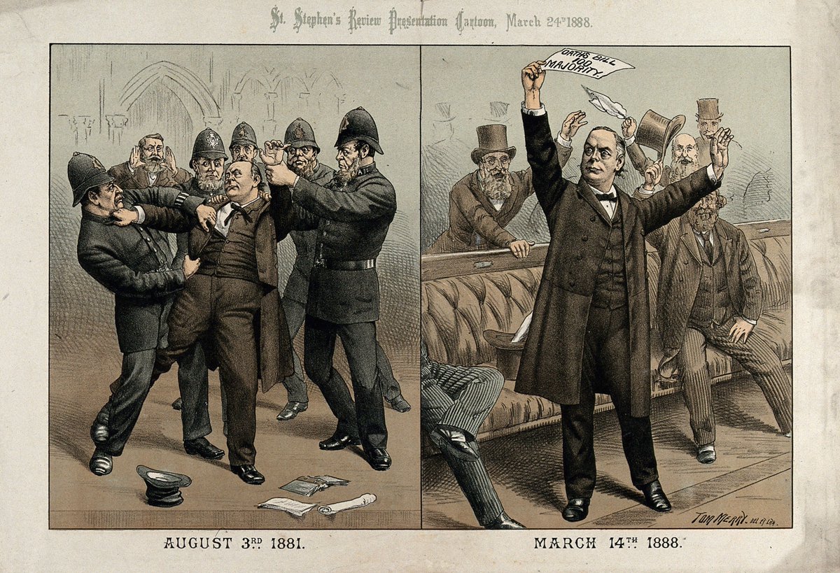 NinaMarketsUK's tweet photo. This atheist MP was elected five times-Parliament still barred him.

In 1880, amid Victorian Britain’s struggle over religious privilege, voters in Northampton, in England’s East Midlands, elected Charles Bradlaugh to the House of Commons-yet Parliament barred their atheist MP from serving.

Every new MP had to swear allegiance to Queen Victoria before sitting or voting, using words that called on God as witness.

Bradlaugh, a Liberal and founder of the National Secular Society, asked to make a solemn non-religious affirmation instead.

Courts already allowed some witnesses to do that, but MPs did not share the same clear right.

A Commons committee rejected his claim.

Bradlaugh then offered to take the prescribed oath so he could serve his constituents.

His opponents blocked that too, arguing that an oath could not bind a man who had publicly said he did not believe in God.

Parliament had built a trap: he was too honest to swear sincerely, yet too openly atheist to swear at all.

On 23 June 1880, after Bradlaugh refused to leave the chamber, the Serjeant at Arms arrested him and confined him overnight in the prison room inside Parliament’s Clock Tower.

The barred room was plain enough for a desk and tea table, while some three thousand supporters crowded Westminster Hall to insist that Northampton-not other MPs-should choose its representative.

Release did not end the fight.

When Bradlaugh’s seat was vacated, Northampton returned him; Parliament kept refusing him; and the same contest began again.

In 1881 he repeatedly crossed back over the Commons barrier after officials removed him, until attendants physically prevented him reaching the table.

In February 1882, he advanced without permission, read the oath himself, kissed a New Testament and signed the paper.

The House called the act contempt and expelled him the next day.

Northampton elected him again.

Across six years, voters returned Bradlaugh four times after his original victory, turning one man’s religious objection into a direct argument about whether Parliament could overrule an electorate.

The deadlock survived court cases, penalties and a government bill to change the law that lost by just three votes in 1883.

Then the balance shifted.

After Bradlaugh won a fifth election in 1885, Speaker Arthur Peel refused to let MPs interrupt him when Parliament met in January 1886.

Bradlaugh finally took the oath and his seat, though the words still invoked a God he did not believe in.

He did not stop at winning a personal escape from the trap.

In 1888, Parliament passed his Oaths Act, giving people who had no religious belief-or whose religion forbade oath-taking-the right to affirm instead wherever law demanded an oath.

The rule reached beyond Westminster into courts and other public duties, replacing a religious test with a promise carrying the same legal force.

The man Parliament had locked in its Clock Tower left behind a law that stopped belief from locking others out.