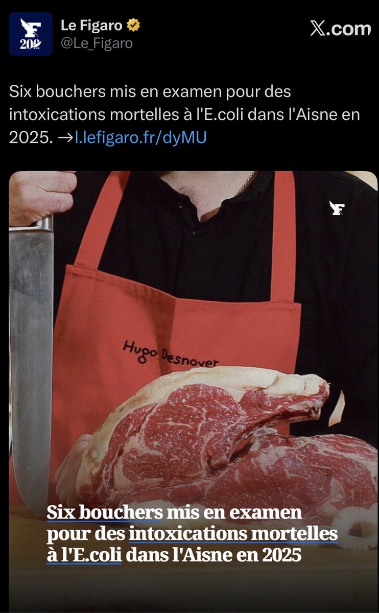 french_report78's tweet photo. Vous nous faites quoi @Le_Figaro ?! Pour illustrer un article sur de la viande halal avariée dans l’Aisne, vous mettez l’image des (excellentes) boucheries parisiennes d’Hugo Desnoyer, qui n’ont strictement rien à voir avec cette sordide histoire ?!

Comble de l’inélégance, ce dernier a été victime d’un grave accident de la route il y a un mois.