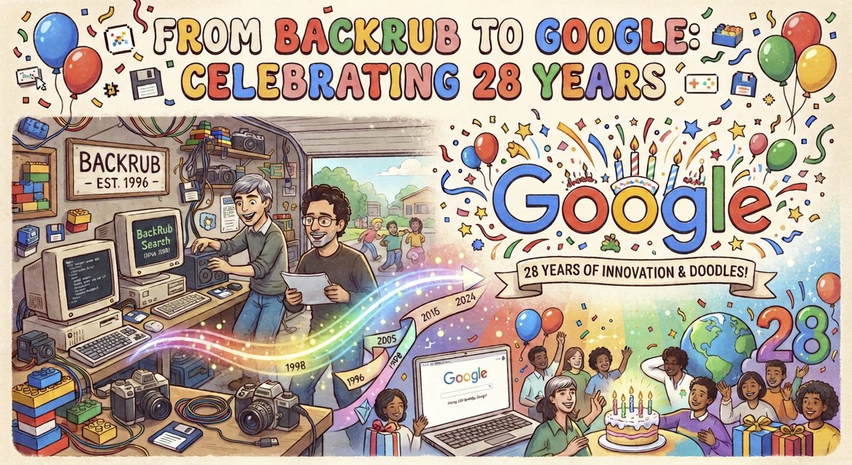 toisthe24's tweet photo. Google is trending today for its 28th birthday, but its origin story is wild:
- Original name: "BackRub" 😳
- Domain name: A total typo ("Googol")
- First servers: Built out of Lego bricks 🧱
https://t.co/rPDWDPp7jq
 #GoogleDoodle #TechHistory https://t.co/Phogo8mXOt