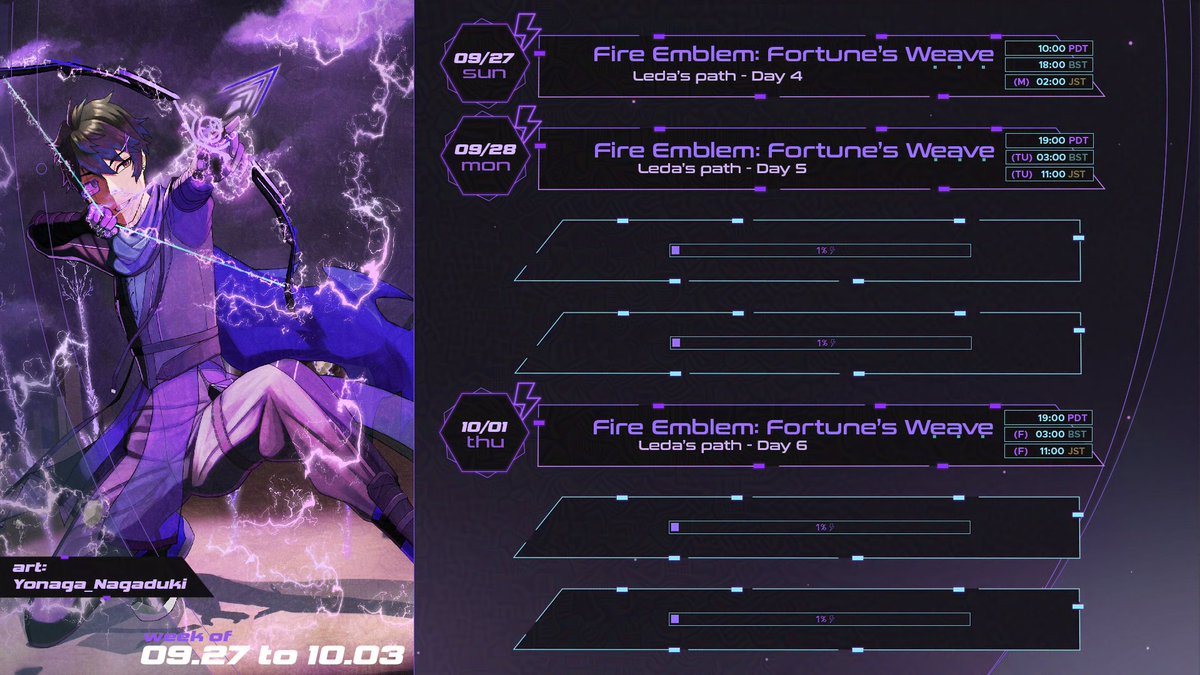 FeynVelasco's tweet photo. ↣ Schedule for 9/27 - 10/3
- Fire Emblem all week with Leda!

Come hang &amp; vibe with the Feyndos! 💜

--------

Schedule 🎨 @/Yonaga_Nagaduki
Schedule design by @/smolshushi
Glazed by @/TheGlazeProject

https://t.co/NnmD7vNIC7 https://t.co/bMxSNZUe3h