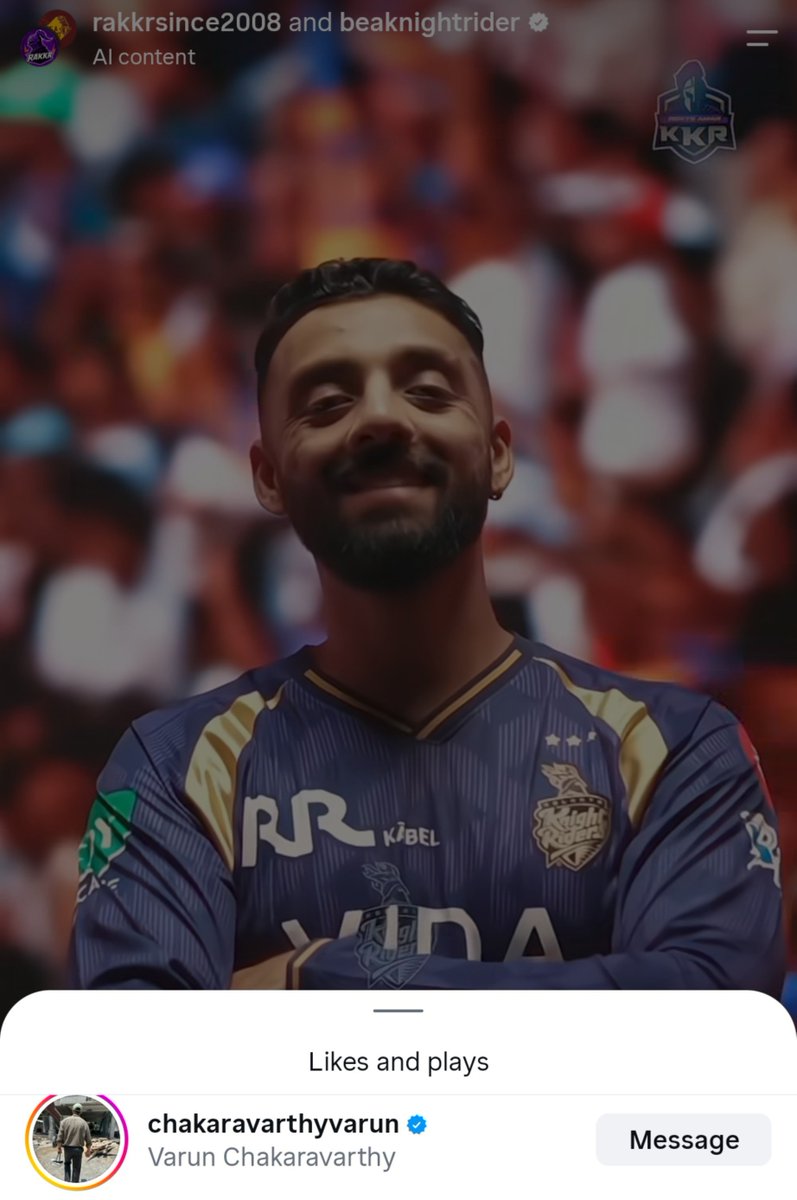 Rokte_Amarr_KKR's tweet photo. Our little Tribute to 6 Years of Varun Chakaravarthy in Purple &amp; Gold reached the man himself. 🥹💜

Liked by Varun Chakaravarthy.
Can’t explain what this moment means to us. 💜💛

#6YearsOfVarun https://t.co/WGNaVRitlV