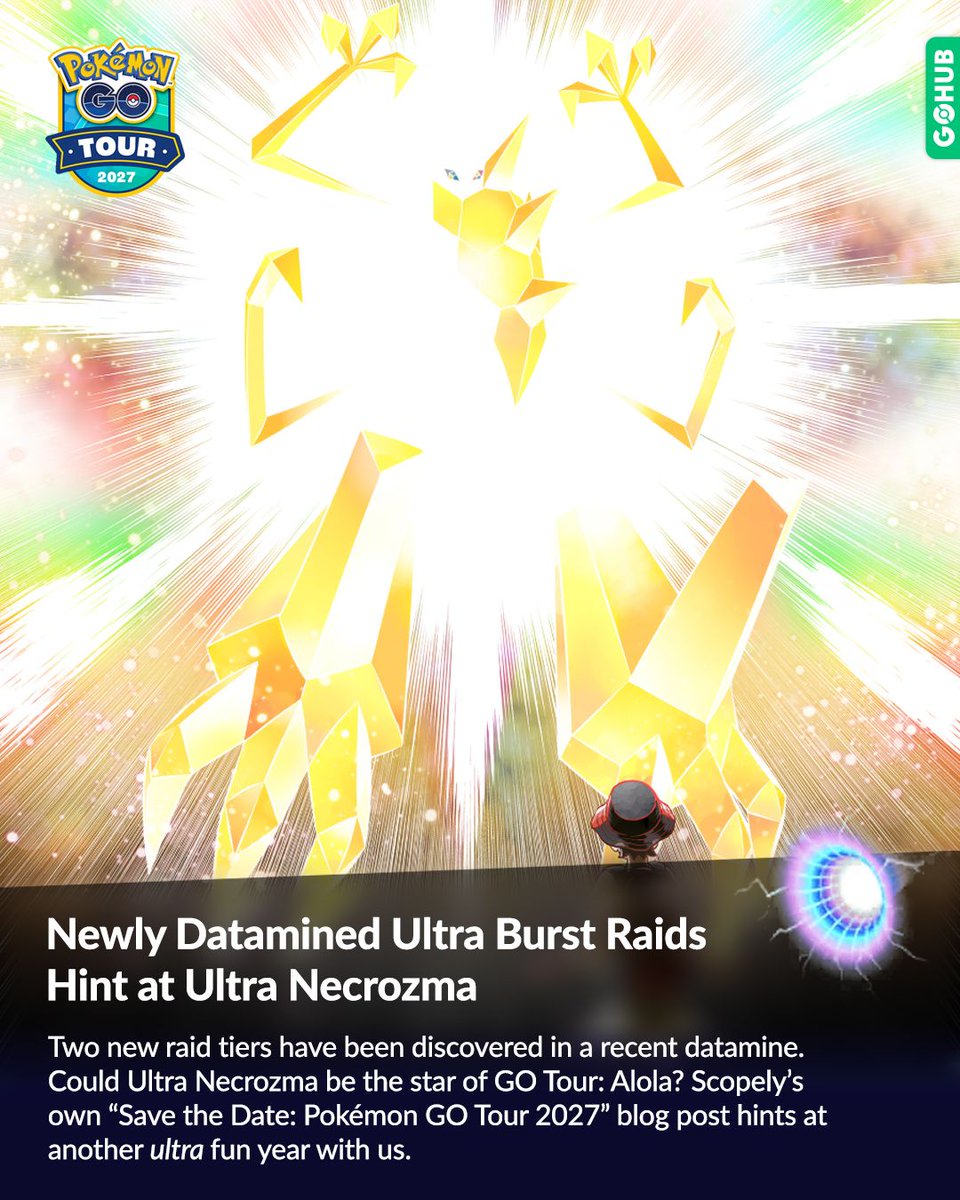 PokemonGOHubNet's tweet photo. Could Ultra Necrozma be on its way? 👀

Two new Ultra Burst raid tiers have been datamined, and Scopely’s “ultra fun year” tease has us wondering... could GO Tour Alola be its time to shine?

Here’s what we know 👇
https://t.co/ExHc01RN1r https://t.co/gBZxZr1mo7