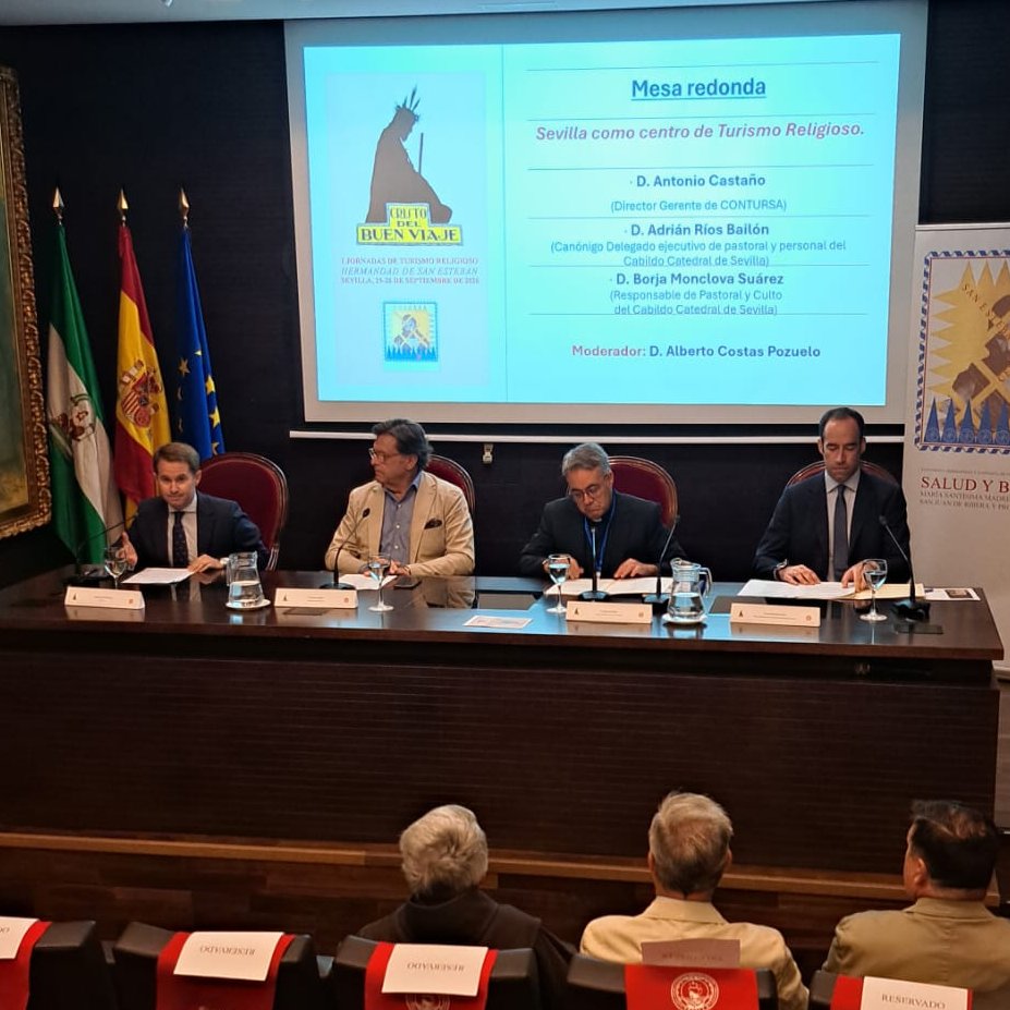 CatedraldeSev's tweet photo. La Catedral de Sevilla ha participado en las I Jornadas de Turismo Religioso, organizadas por la @HdadSanEsteban en el marco de los actos de su Centenario fundacional.

En la mesa redonda intervinieron Adrián Ríos, canónigo y delegado ejecutivo de Pastoral; Borja Monclova, responsable de Pastoral y Culto de la Catedral; y Antonio Castaño, gerente de CONTURSA, del @Ayto_Sevilla.

El encuentro permitió presentar la realidad de la Catedral como templo vivo: un espacio en el que el culto, la oración y la celebración siguen dando el sentido que continúa desempeñando y la función para la que fue concebido.

La Catedral trabaja además para que quienes la visitan puedan comprender esta realidad, integrando en la experiencia del visitante su dimensión espiritual, pastoral, histórica y patrimonial.

@SevillaTourism