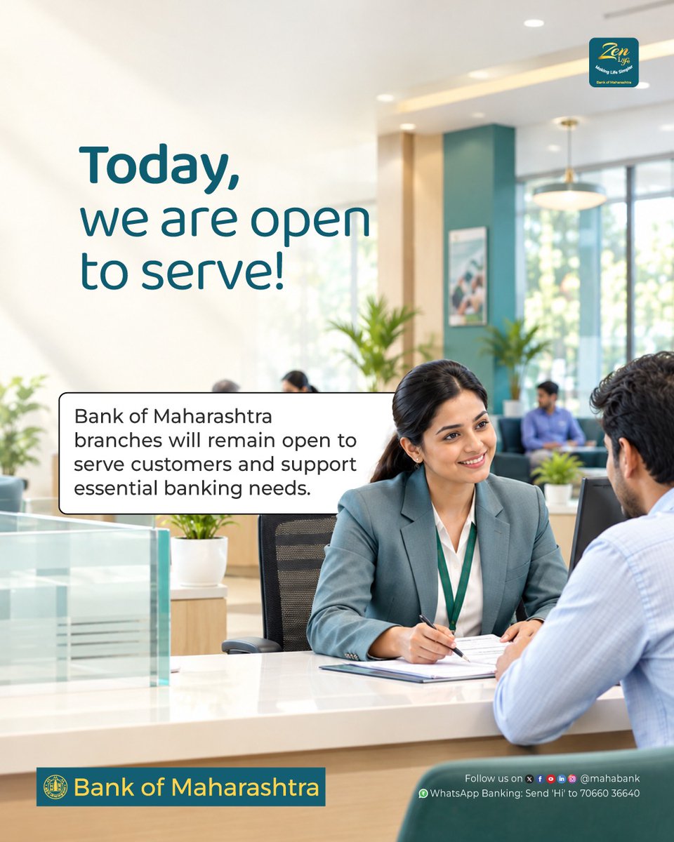 mahabank's tweet photo. We’re open today!
Serving customers, supporting essential banking needs, and keeping banking services moving.
#BankOfMaharashtra #WeAreOpenToday #BankingServices #CustomerFirst #EssentialServices https://t.co/JnrUja3hIh