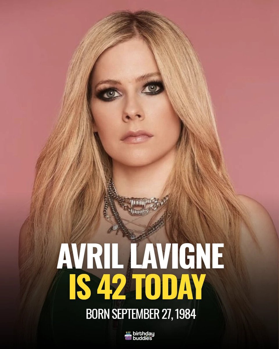 BirthdayBuds's tweet photo. Happy 42nd birthday, Avril Lavigne! 🎂🖤 From Complicated to pop-punk icon, she’s been keeping it real since 2002. Here’s to another year of sk8er anthems, fearless style, and unforgettable moments! 🛹🎸 👉 https://t.co/px2EsD3tJc 🎈 https://t.co/3g2552T8Yb