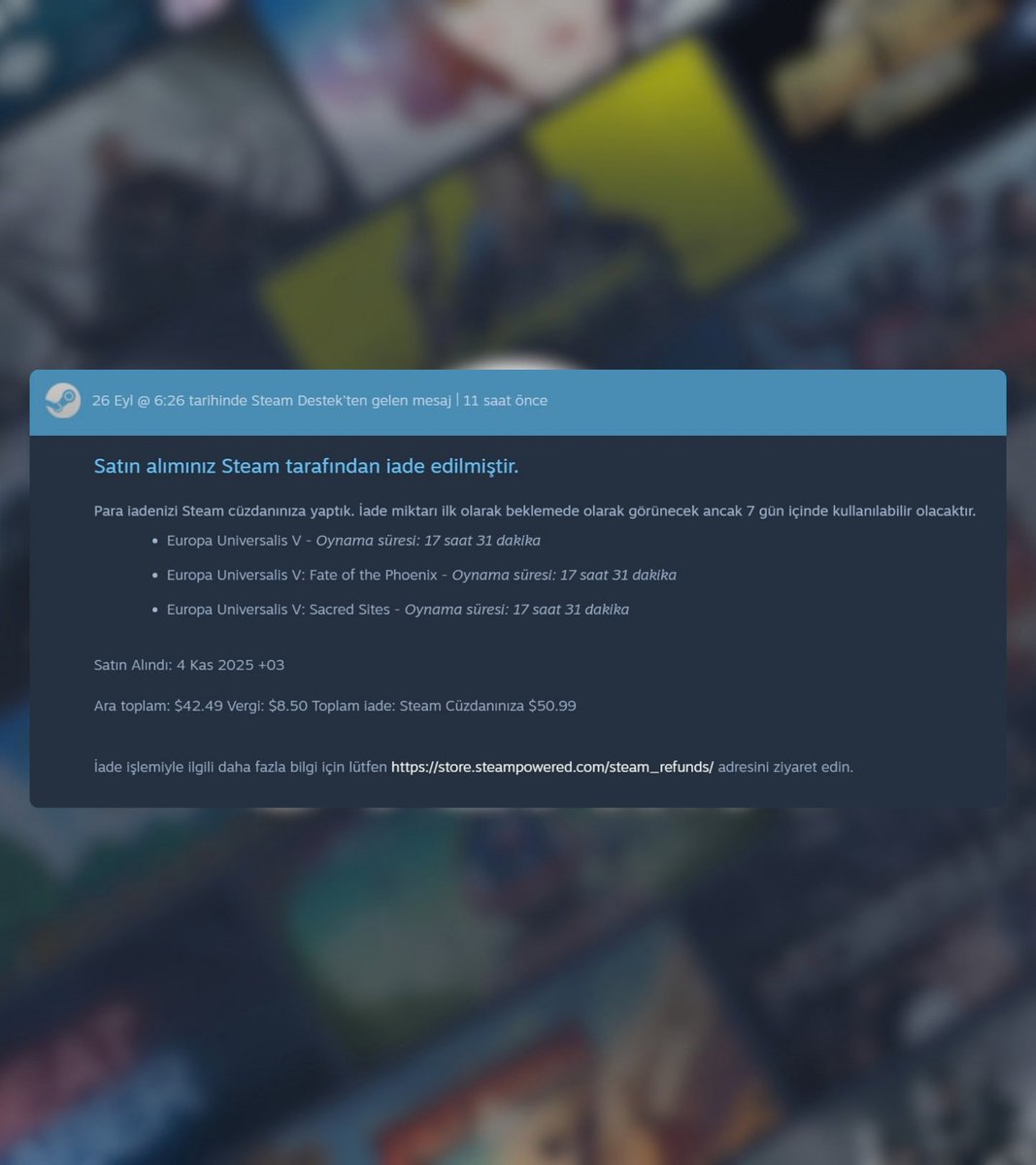 bosunatiklama's tweet photo. Türk Steam kullanıcıları, son gelişmelerin ardından Paradox oyunları için iade taleplerinde bulunmaya başladı.

▬ Standart 2 hafta ve 2 saatlik iade süresini aşan bazı kullanıcılar, taleplerinin Steam tarafından kabul edildiğini belirtti. https://t.co/pmaWj01kvB